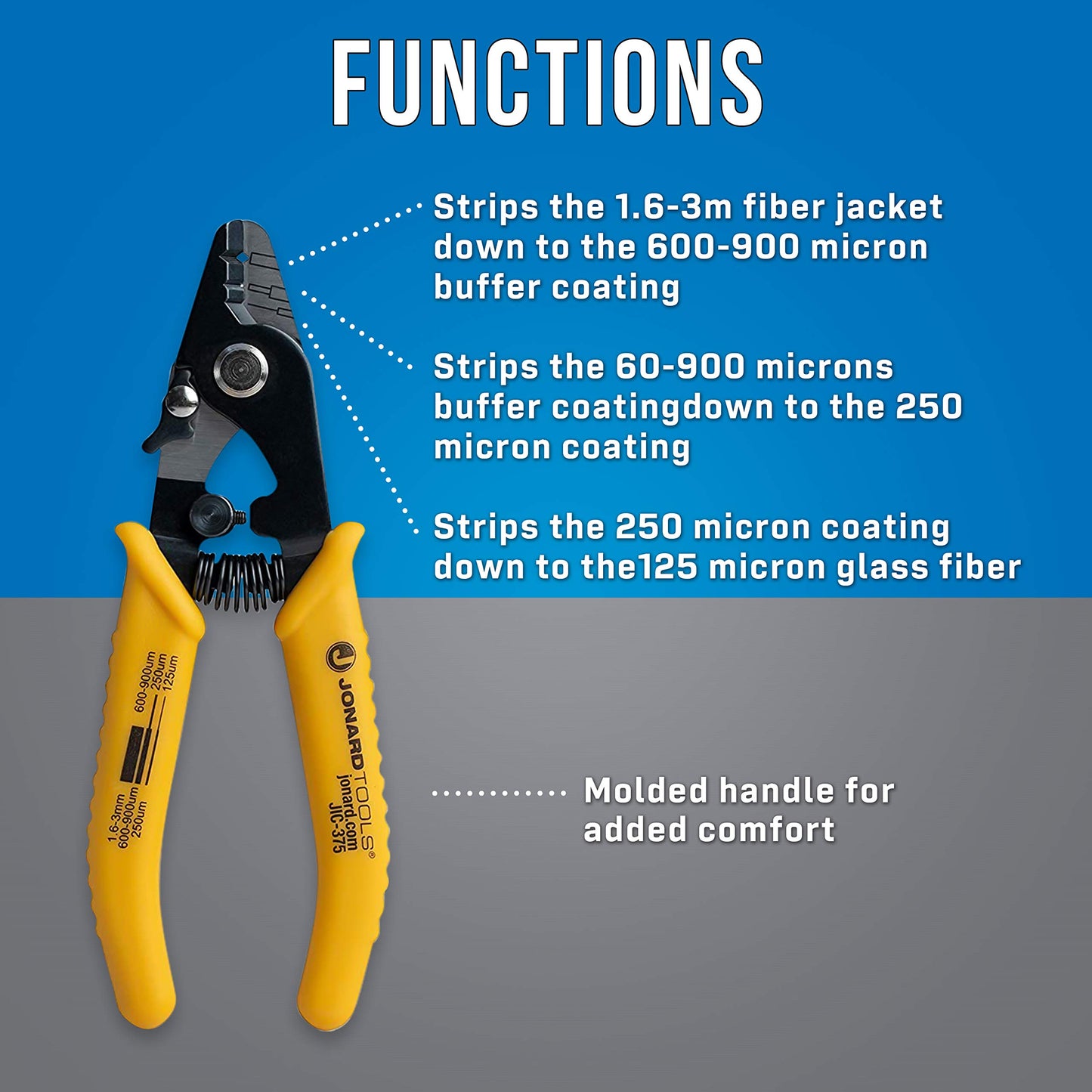 Jonard Tools JIC-375 Three Hole Fiber Optic Stripper – Strips 1.6-3.0mm Jacket, 600-900μm Buffer, 250μm Coating, Precision Tool with Angled Jaw and Safety Lock