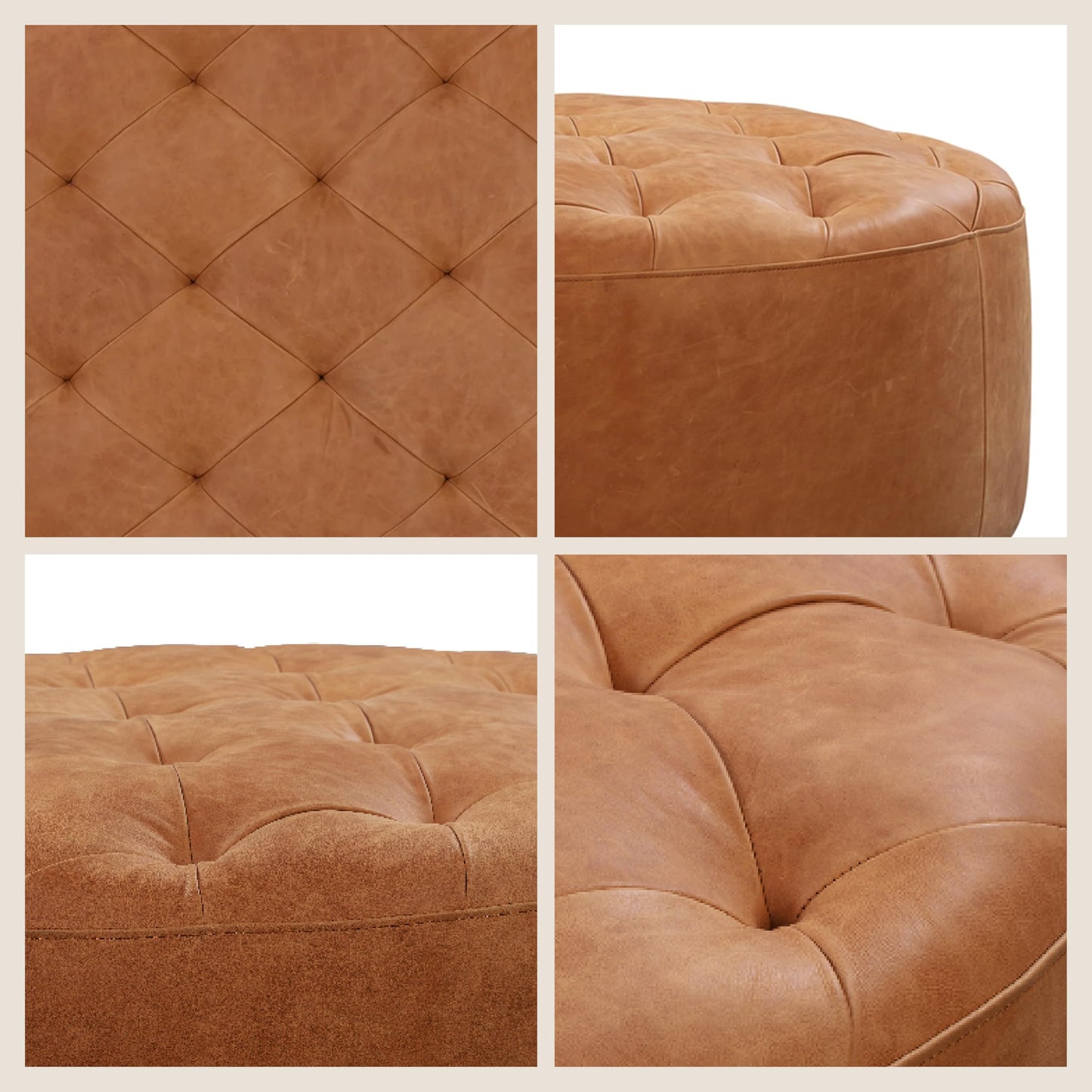 POLY & BARK Denver Ottoman – 43" Large Pouf with Feather-Down Topper – Full-Grain Leather Upholstered Pouf Ottoman for Living Room – Vintage Italian Leather in Cognac Tan