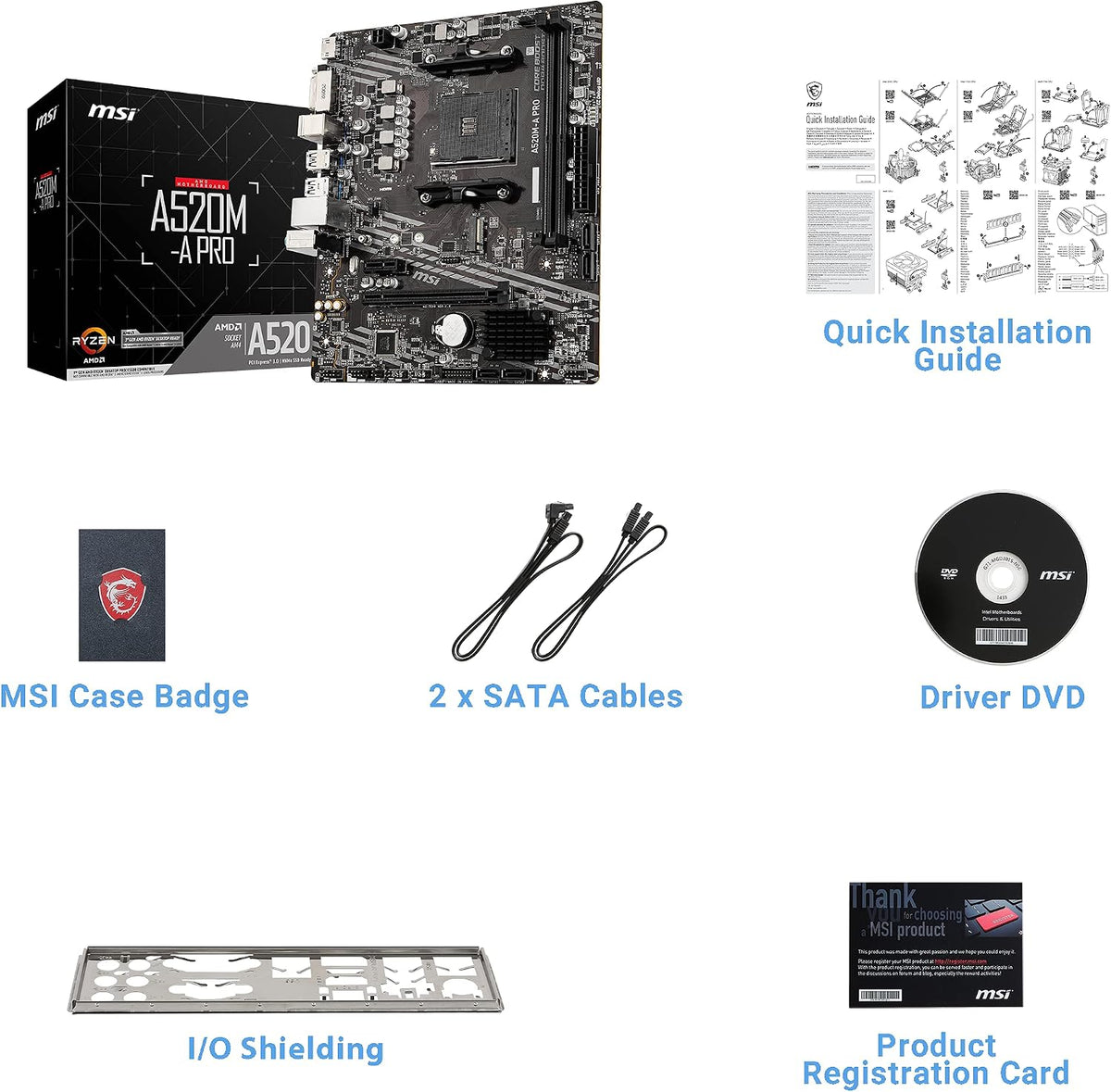 MSI A520M-A PRO Gaming Motherboard (AMD Ryzen 5000, AM4, DDR4, PCIe 3.0, SATA 6Gb/s, M.2, USB 3.2 Gen 1, DVI/HDMI, Micro-ATX)