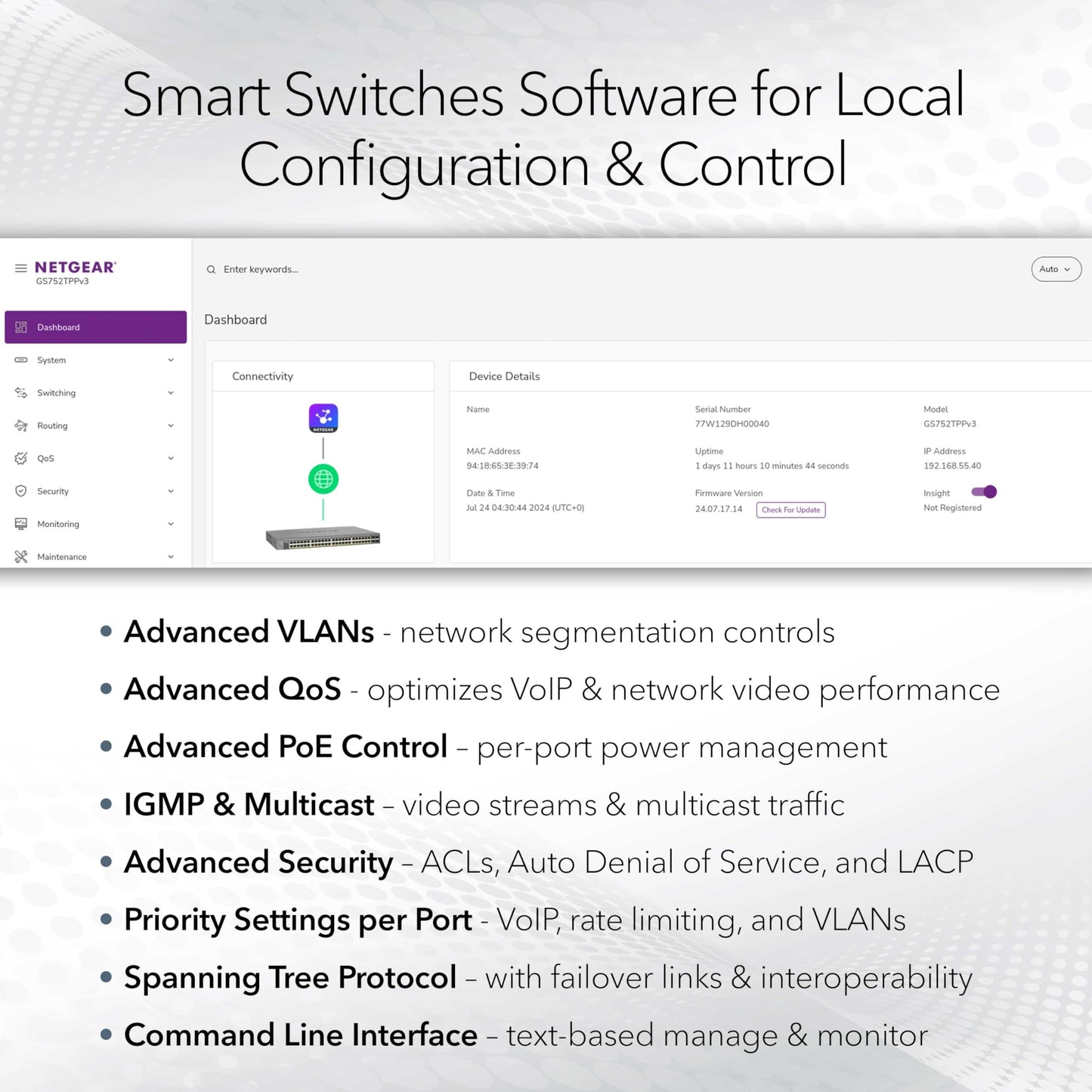 NETGEAR 52-Port PoE Gigabit Ethernet Smart Switch (GS752TPP) - Managed, Optional Insight Cloud Management, 48 x PoE+ @ 760W, 4 x 1G SFP, Desktop or Rackmount