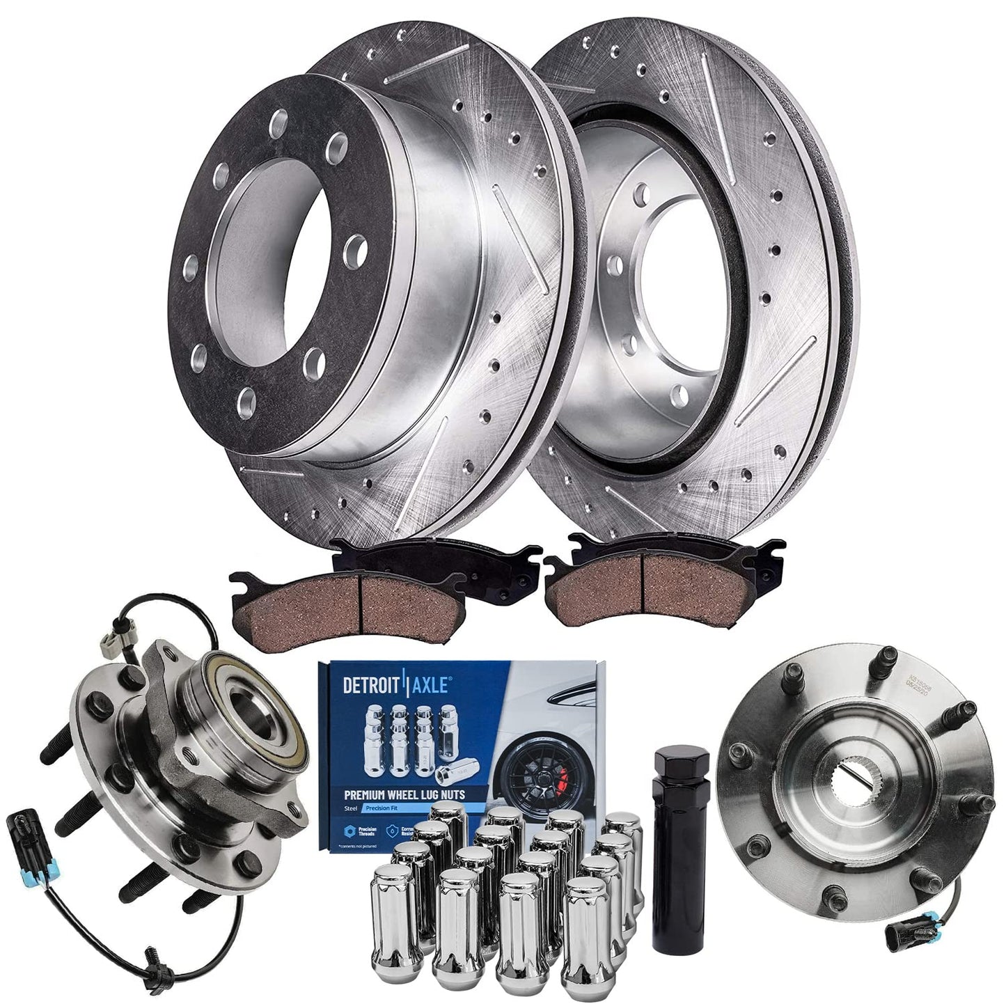 Detroit Axle - Brake Kit for 2012-2020 Ford F-150 Drilled & Slotted Brake Rotors and Ceramic Brakes Pads 2013 2014 2015 2016 2017 2018 2019 Front and Rear Replacement