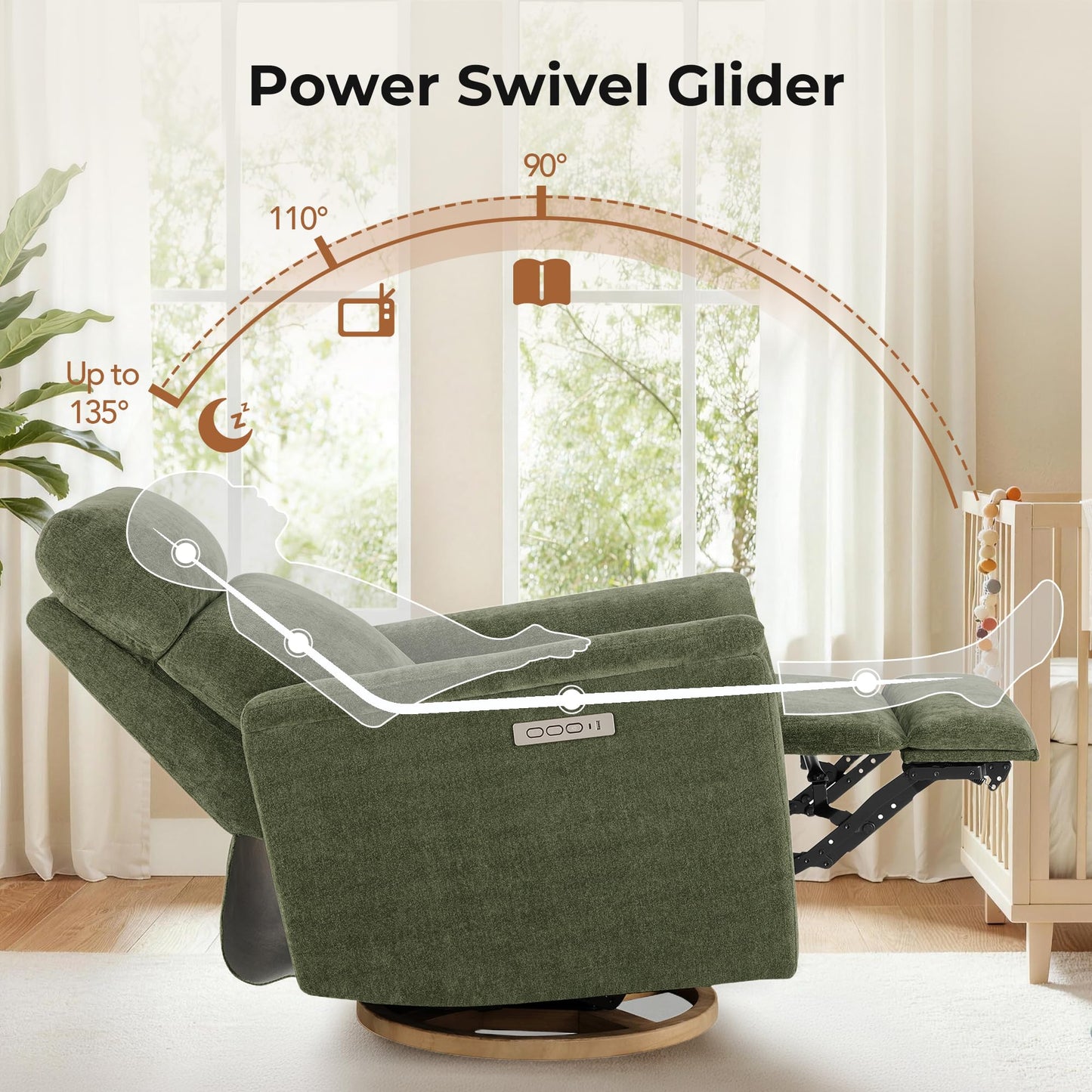 CHITA Power Swivel Glider for Adults with Nightlight, Nursery Recliner Chair with Power Headrest for Living Room, Bedroom, Water-Resistant Boucle Fabric in Sand