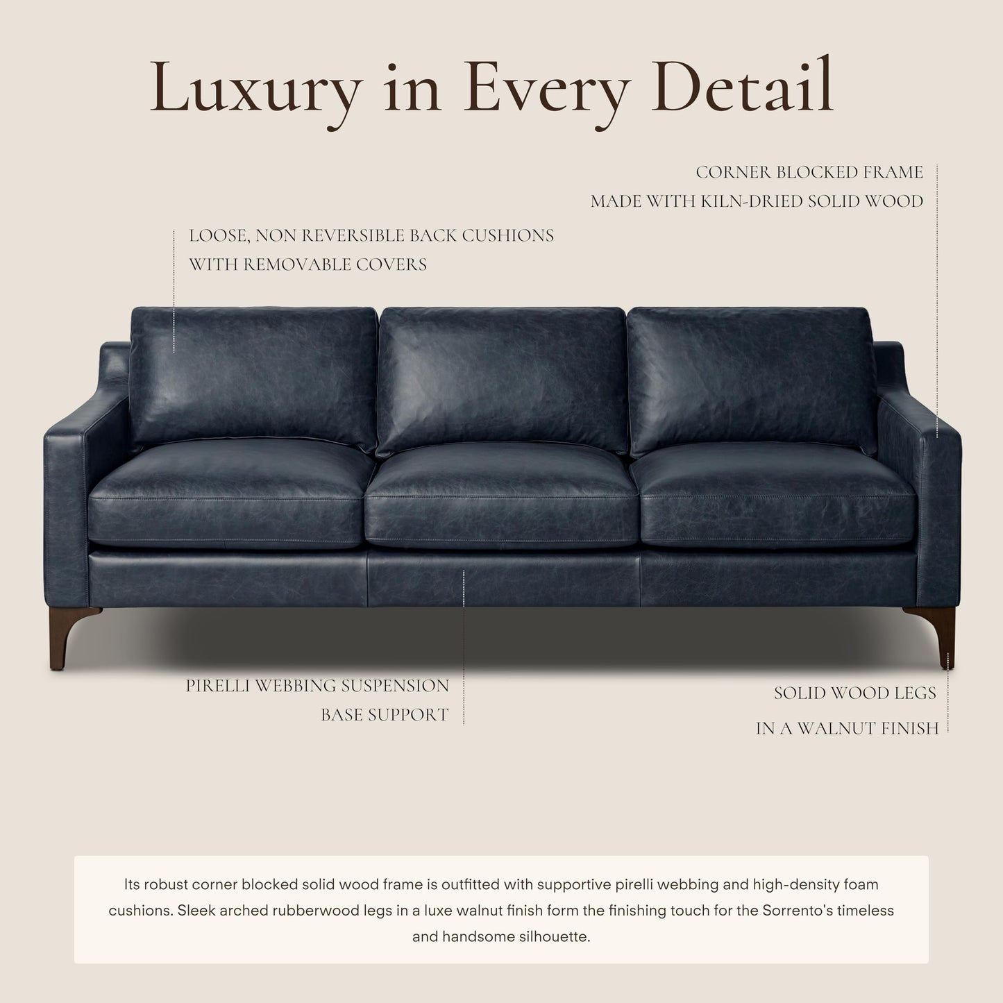 POLY & BARK Sorrento 86" Sofa – Cognac Tan Full-Grain Pure-Aniline Italian Leather, Feather-Down Cushions, Solid Wood Frame & Walnut Legs