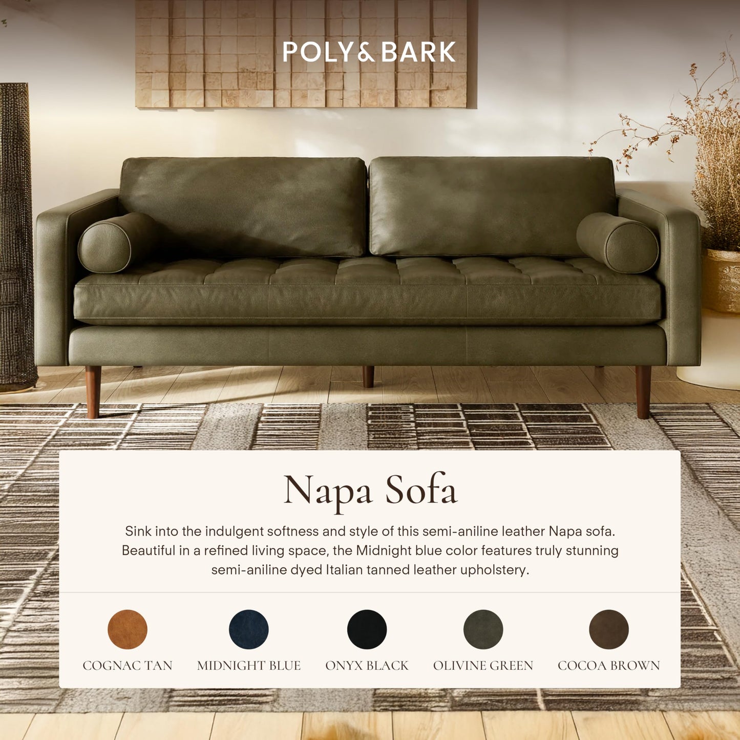 POLY & BARK Napa 82" Leather Pull‑Out Sleeper Sofa – Full‑Grain Italian Leather Upholstery,Tri‑Layer Mattress & Storage Console –Sophisticated Multi‑Functional Sofa Bed for Living Rooms & Guest Spaces