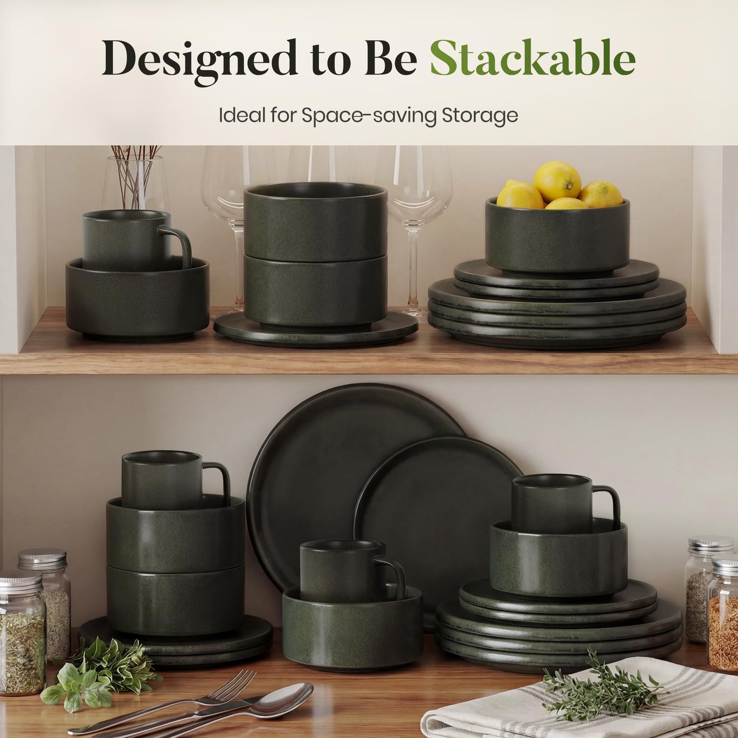 Kitchen Academy Stoneware Dinnerware Sets for 4, 16 Pieces Ceramic Non Toxic Plates and Bowls Sets, Scratch Resistant Handmade Dish Set, Oven & Microwave & Dishwasher Safe, Matte Black