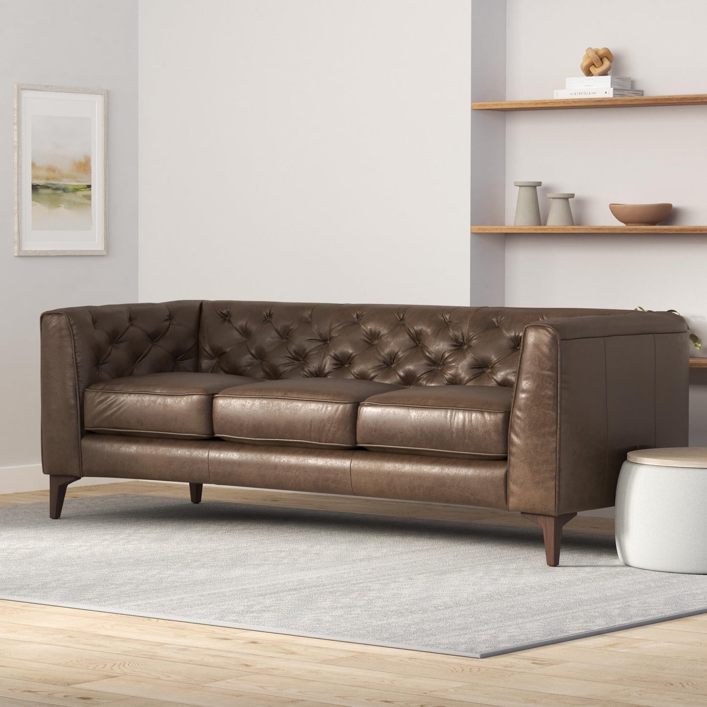 POLY & BARK Essex 89” Full-Grain Italian Leather Sofa – Tufted Back, Feather-Down Comfort, Solid Wood Frame, Cognac Tan