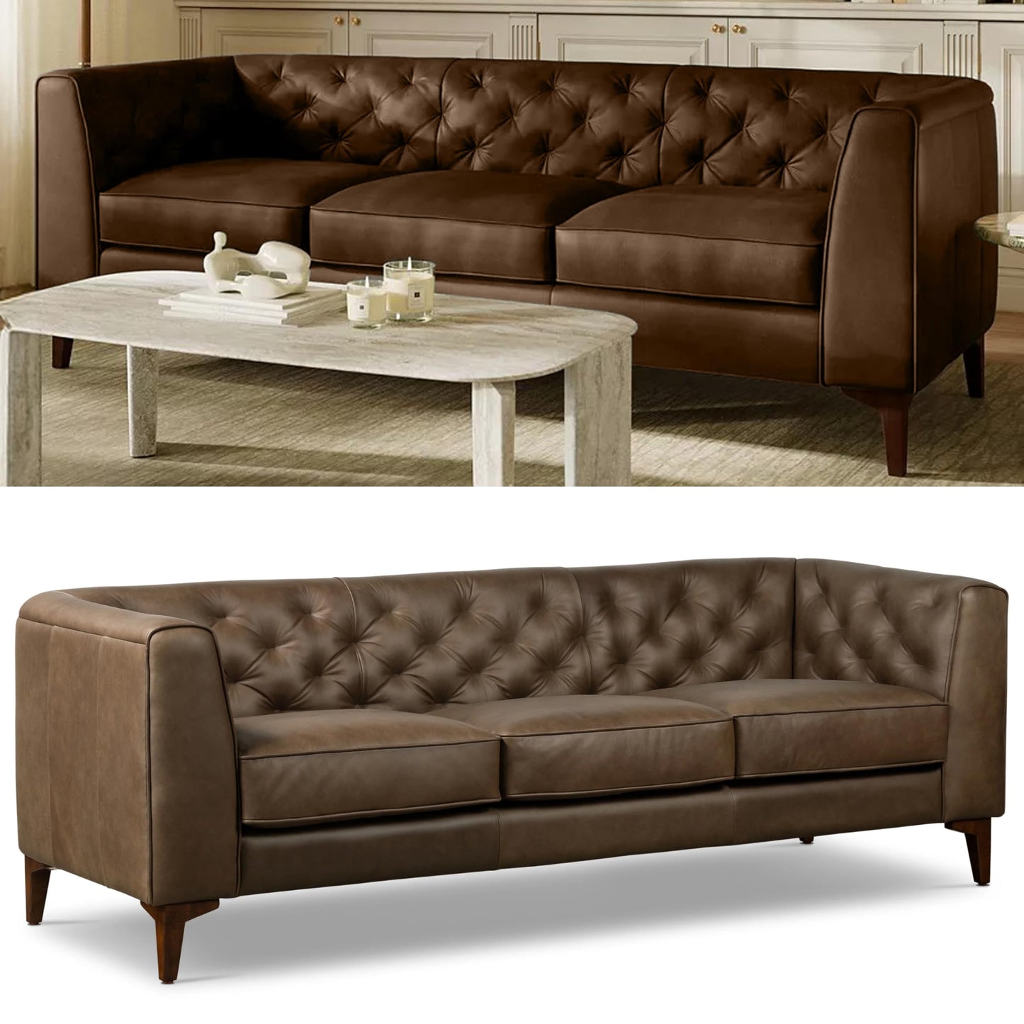 POLY & BARK Essex 89” Full-Grain Italian Leather Sofa – Tufted Back, Feather-Down Comfort, Solid Wood Frame, Cognac Tan