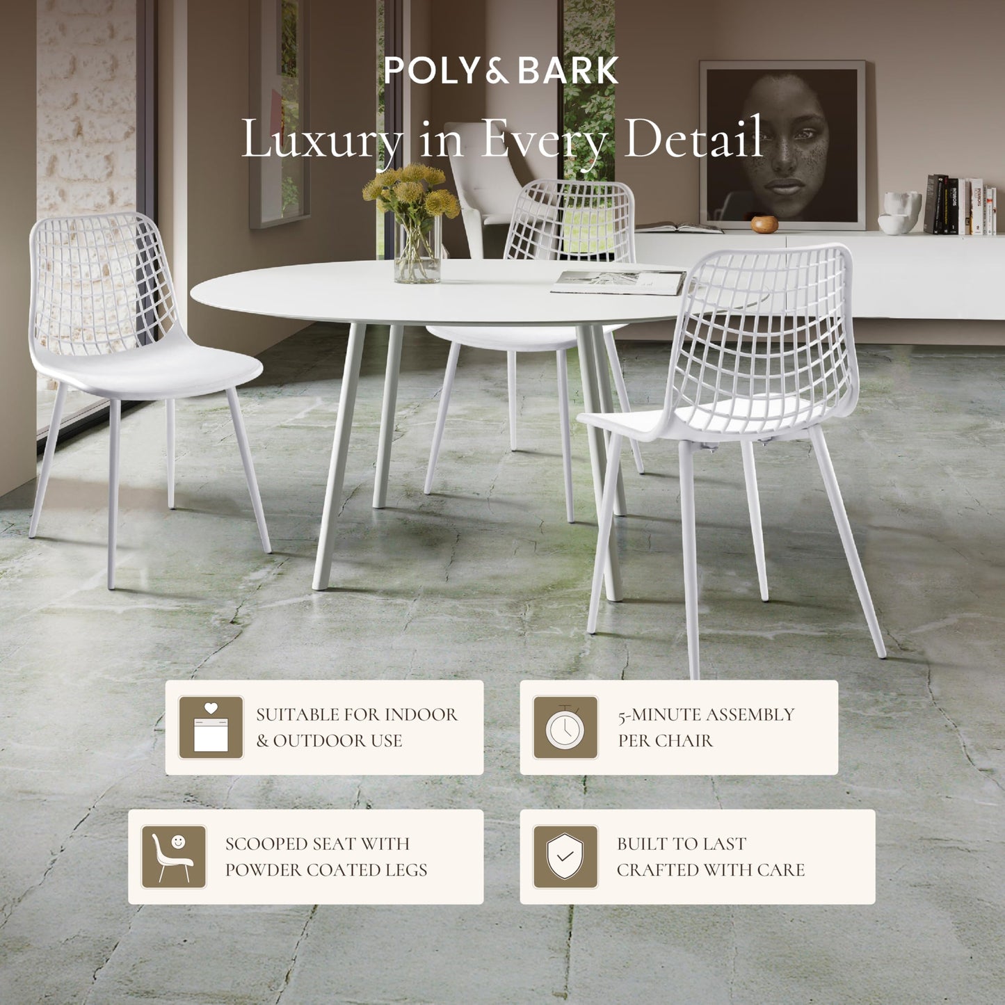 POLY & BARK Isla Modern Dining Chairs Set of 4 – Mid Century Modern Plastic Dining Chair with Metal Legs – Kitchen & Dining Room Chairs – Indoor/Outdoor – White