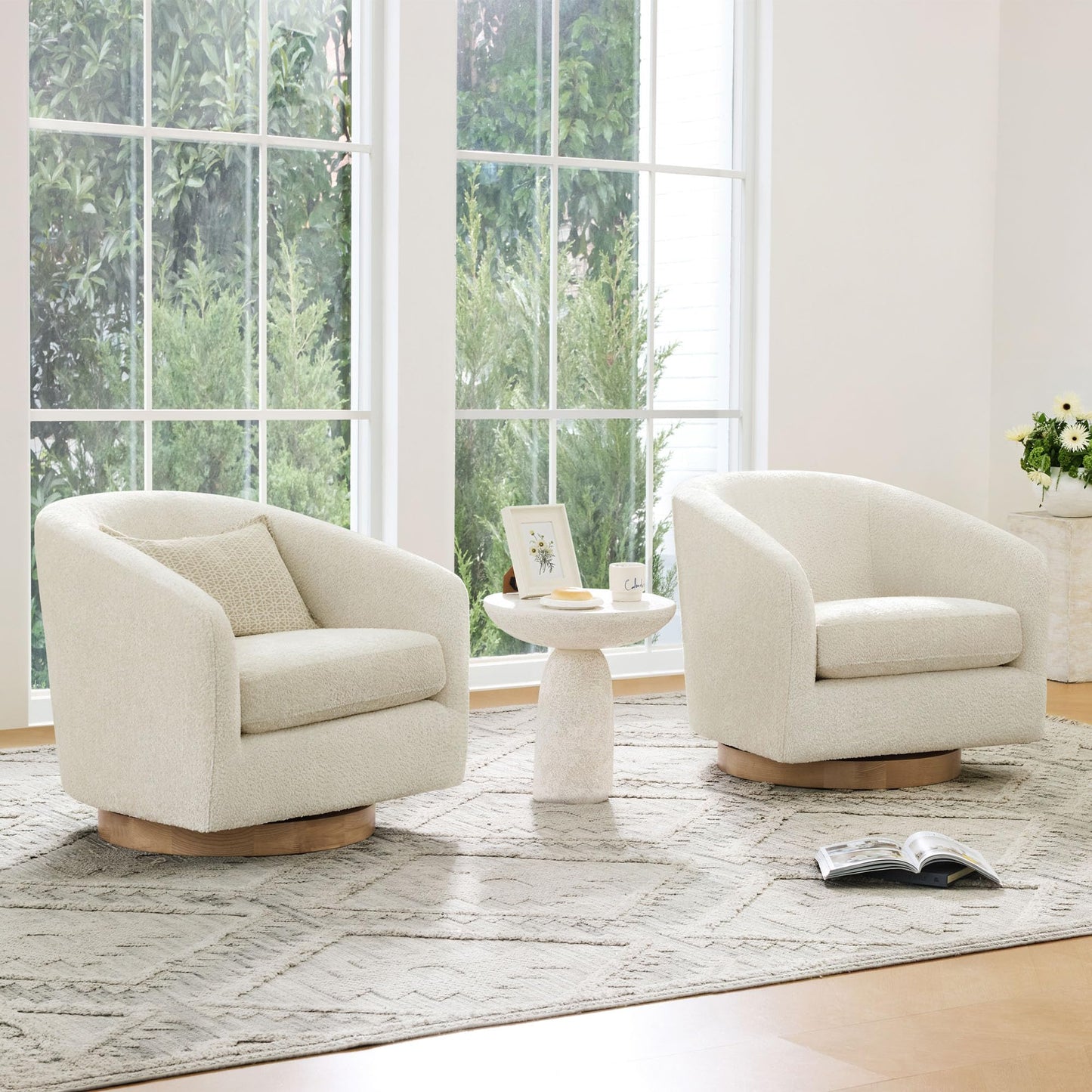 CHITA Swivel Accent Chair Set of 2, Fully Assembled Fabric Barrel Armchair with FSC Certified Upholstered for Living Room, Bedroom and Office, Flax Beige