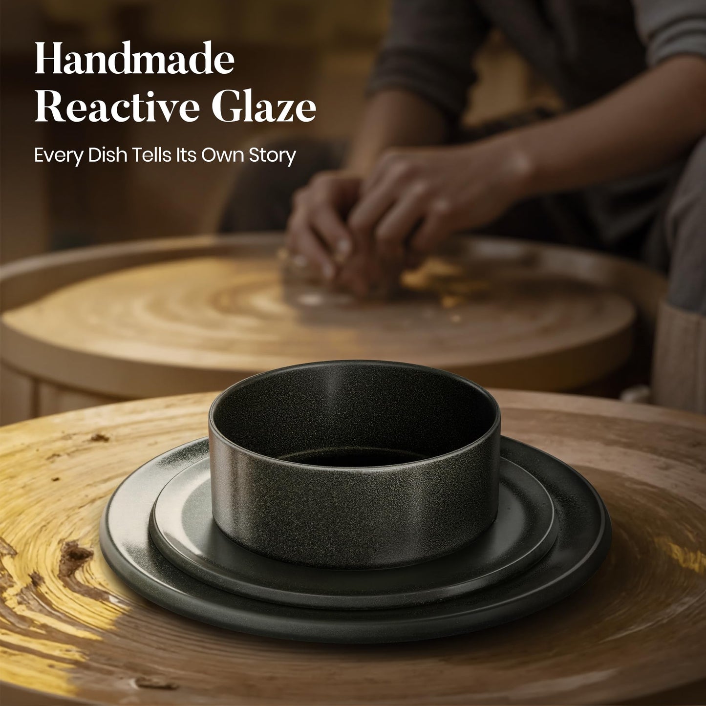 Kitchen Academy Stoneware Dinnerware Sets for 4, 16 Pieces Ceramic Non Toxic Plates and Bowls Sets, Scratch Resistant Handmade Dish Set, Oven & Microwave & Dishwasher Safe, Matte Black