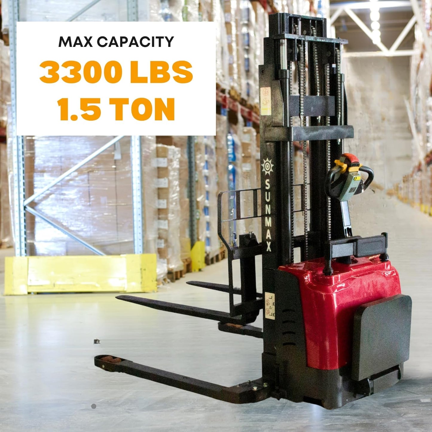 SUNMAX Electric Straddle Stacker, 3300 lbs Capacity, 157 inch Lift Height, Steel Frame, Red and Black