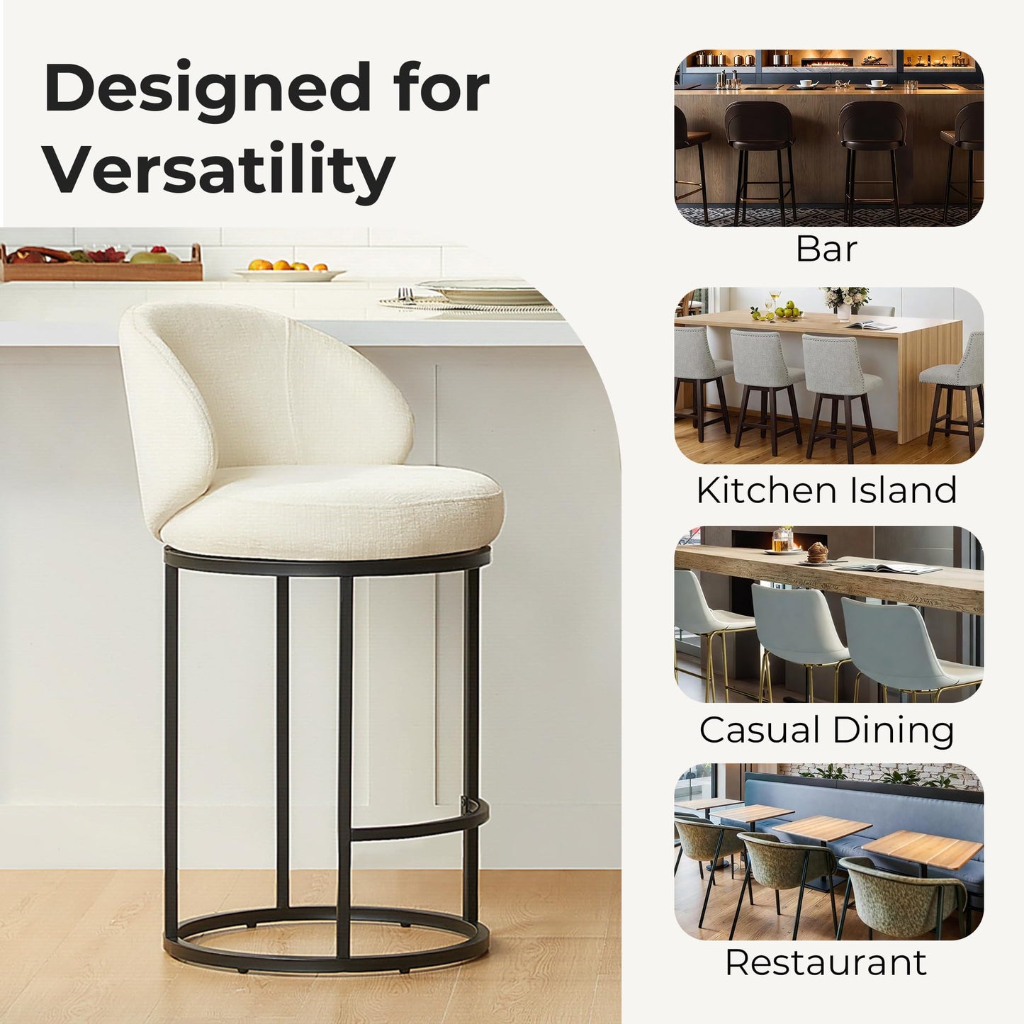 CHITA Swivel Counter Height Bar Stools Set of 3, Upholstered Bar Chairs with Backrest, Sturdy Metal Base, 26.8" Seat Height for Kitchen Island & Home Bar, Sand