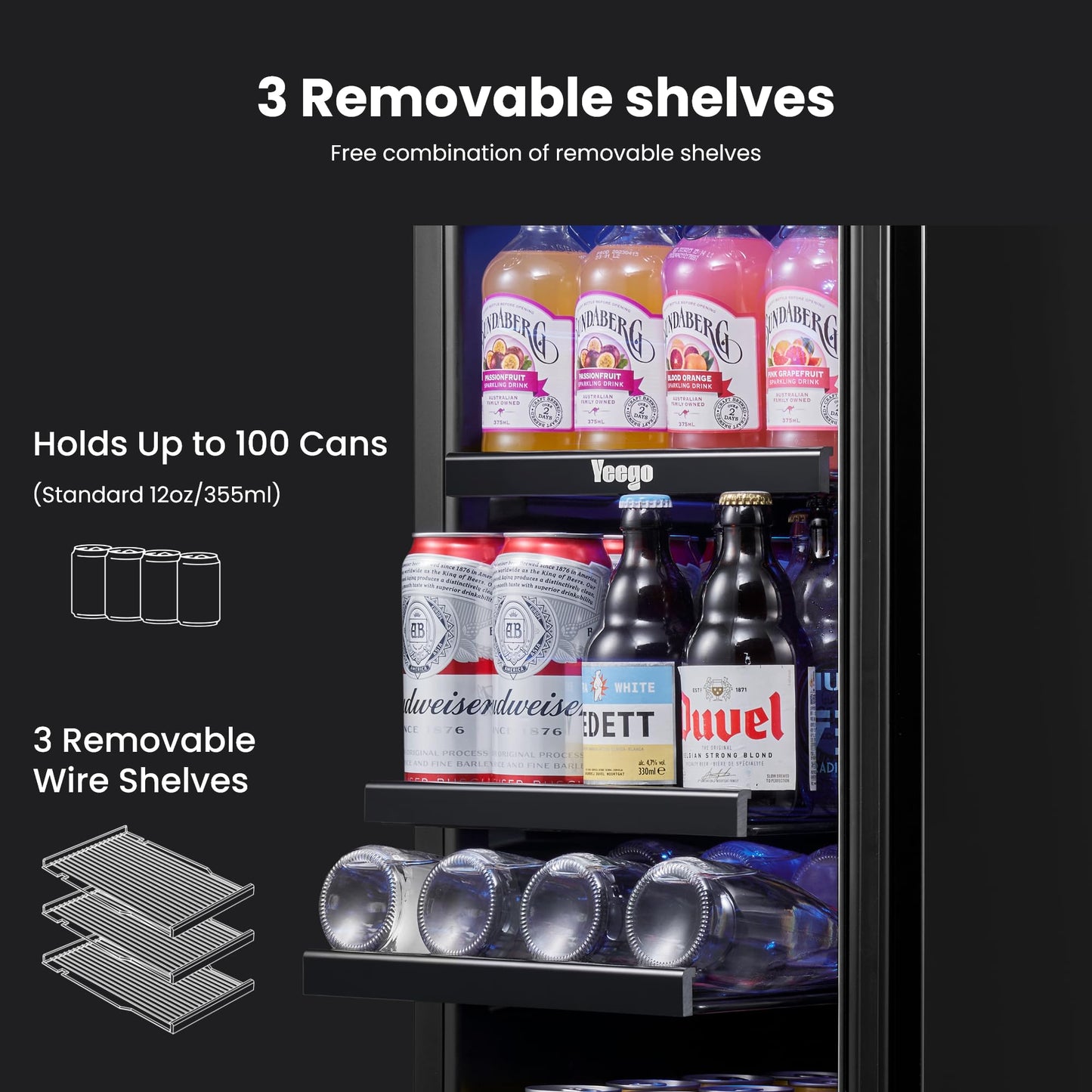 Yeego 24 Inch Beverage Refrigerator – 180 Can Built-In Under Counter Drink Fridge with Glass Door, 34–54°F Cooling for Beer, Soda & Wine (Right-Hinged)