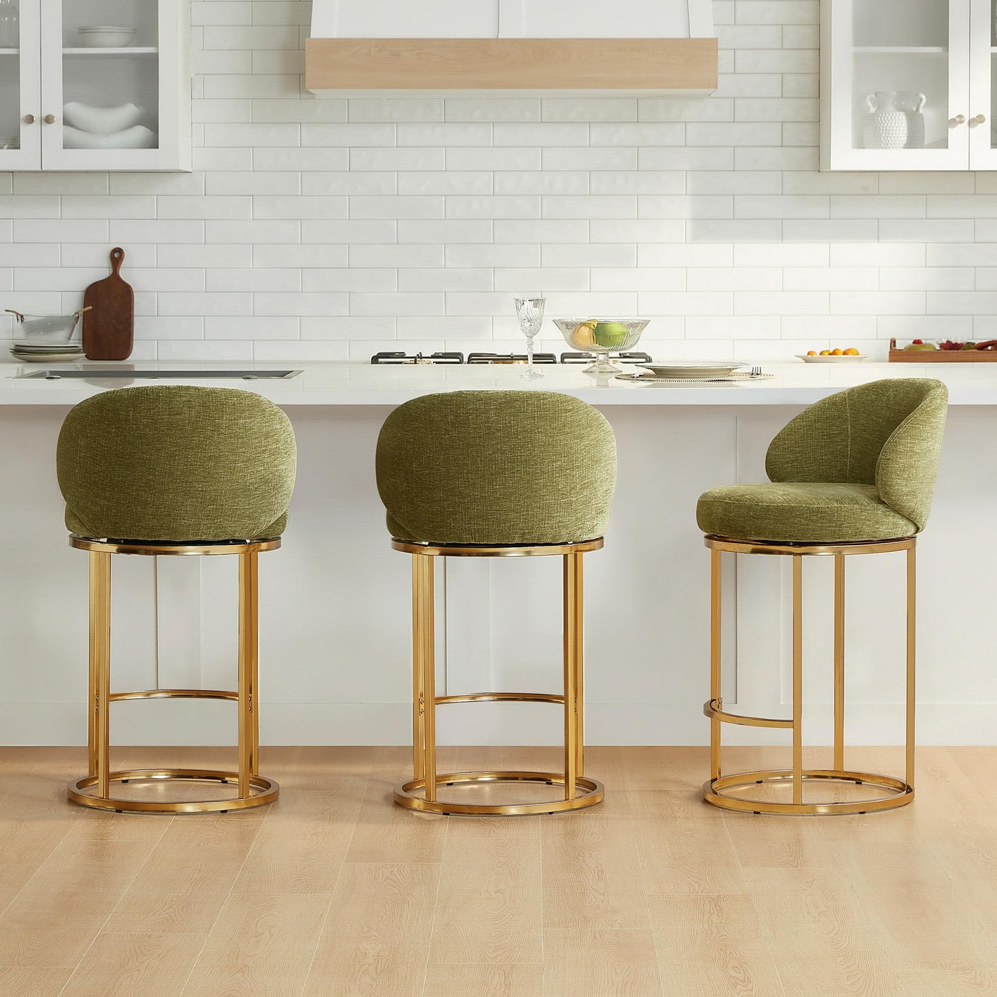 CHITA Swivel Counter Height Bar Stools Set of 3, Upholstered Bar Chairs with Backrest, Sturdy Metal Base, 26.8" Seat Height for Kitchen Island & Home Bar, Sand