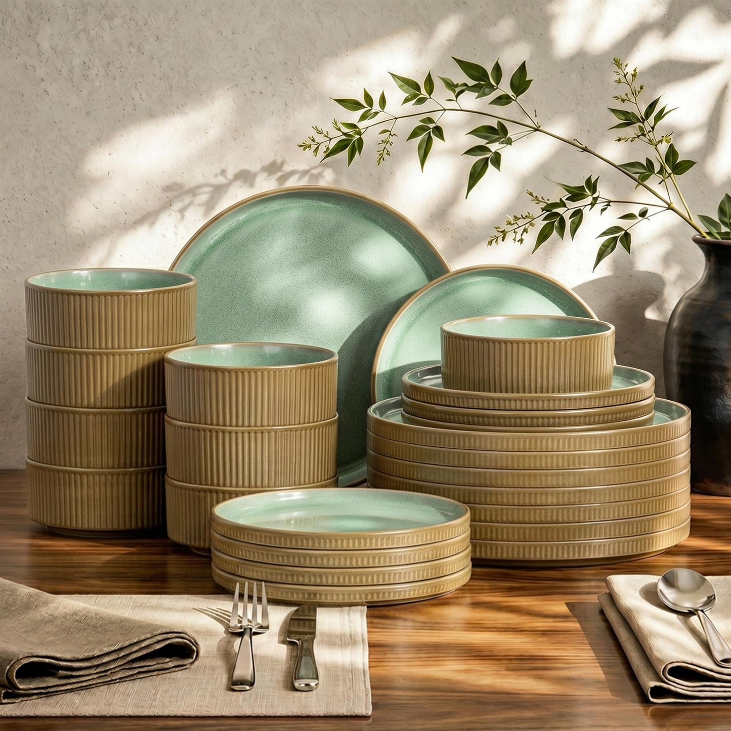 Kitchen Academy Brown Stoneawre Dinnerware Sets for 8, 24Pcs Ceramic Non Toxic Plates and Bowls Sets, Scratch Resistant Dishes, Oven & Microwave Safe