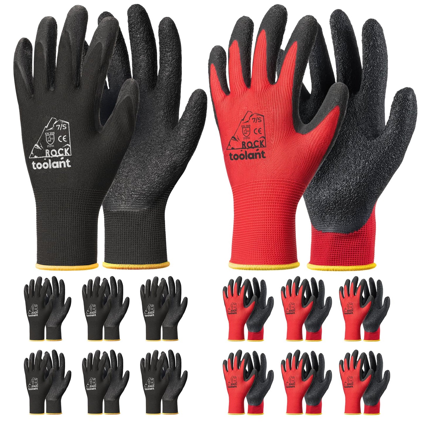 toolant Crinkle Latex Work Gloves Bulk, Rubber Coated Safety Work Gloves for Men and Women, 12 Pairs for Construction, Gardening, Warehouse (Black, Large)