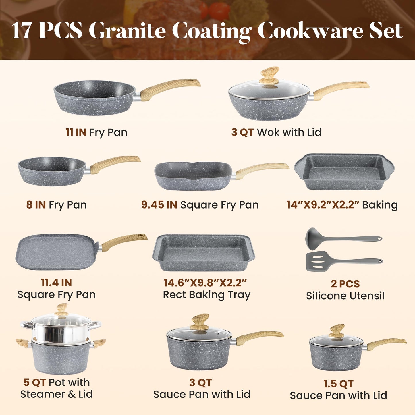 Kitchen Induction Cookware & Bakeware Set - 30 Piece Black Granite Cooking Pans Set, Non-Stick Pots and Pans Set