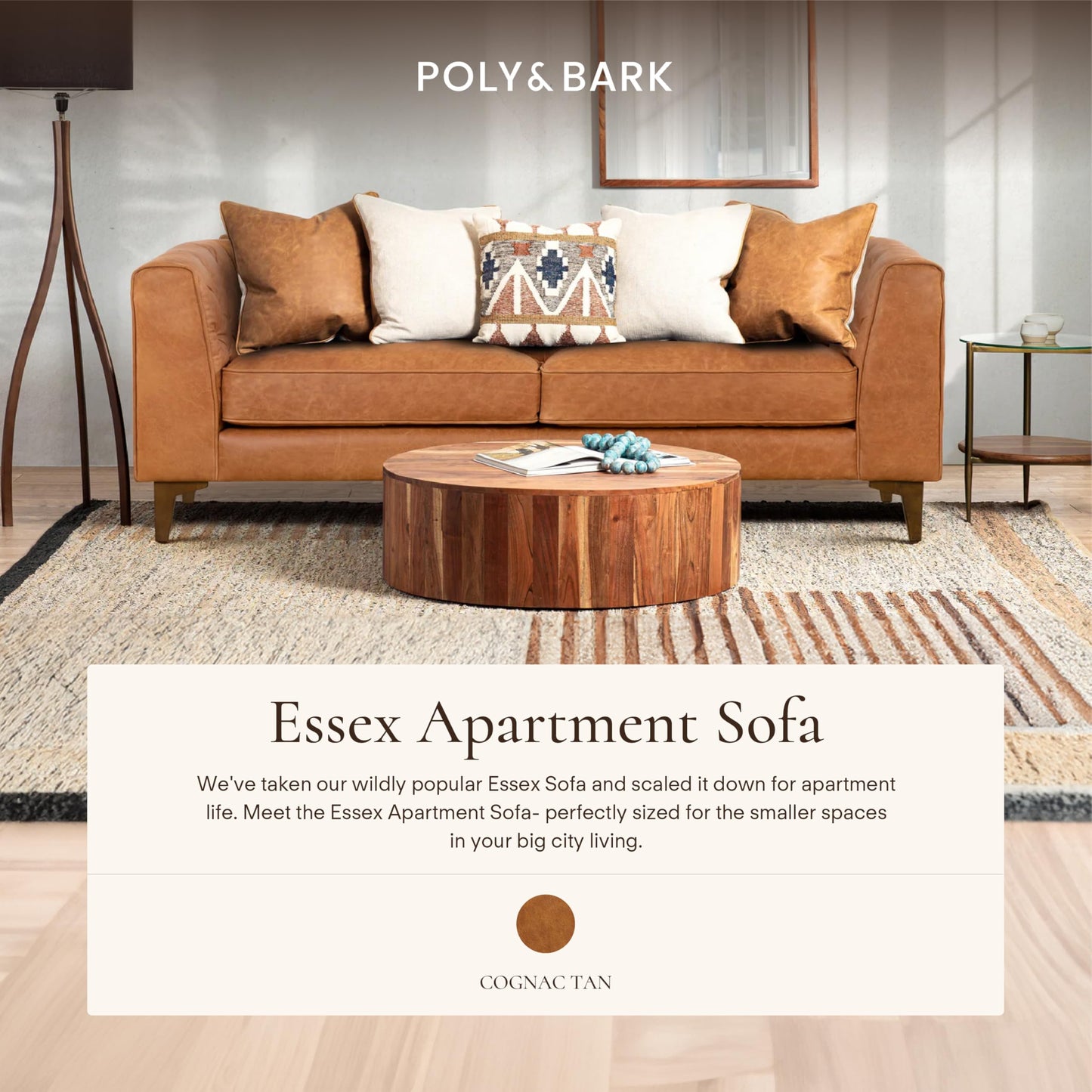 POLY & BARK Essex 89” Full-Grain Italian Leather Sofa – Tufted Back, Feather-Down Comfort, Solid Wood Frame, Cognac Tan