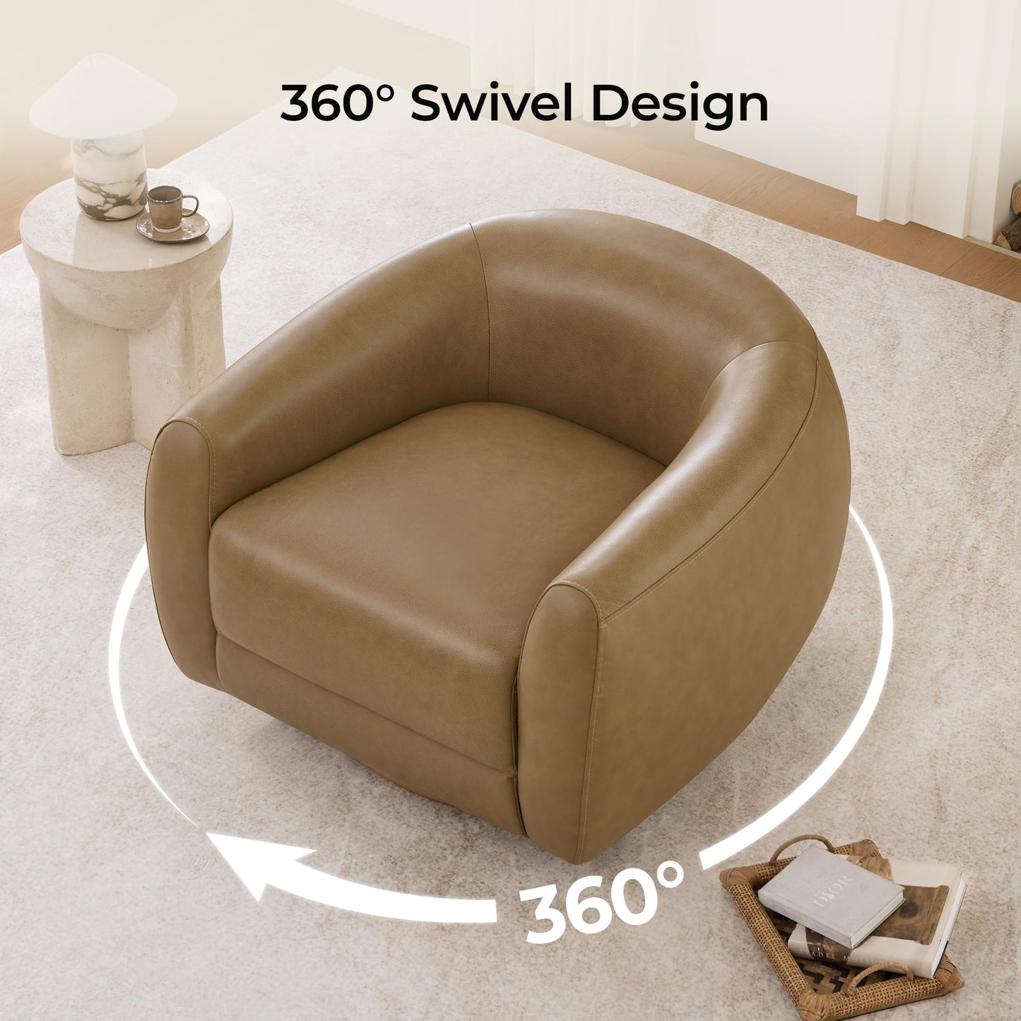CHITA Genuine Leather Swivel Accent Chair, FSC Certified Mid Century Modern Arm Chair with Wood Base for Living Room and Bedroom, Fully Assembled, Sand