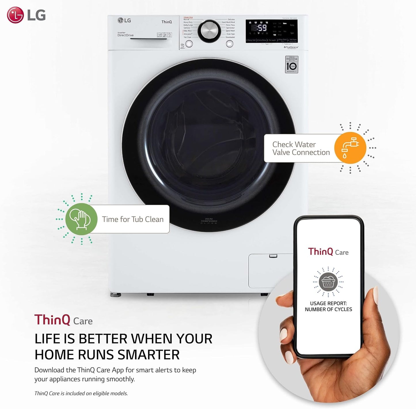 LG 24 in. Wide 2.4 Cu. Ft. Compact Stackable Front-Load Washer – White, Steam Cleaning, AI Fabric Sensor, Smart Pairing Compatible