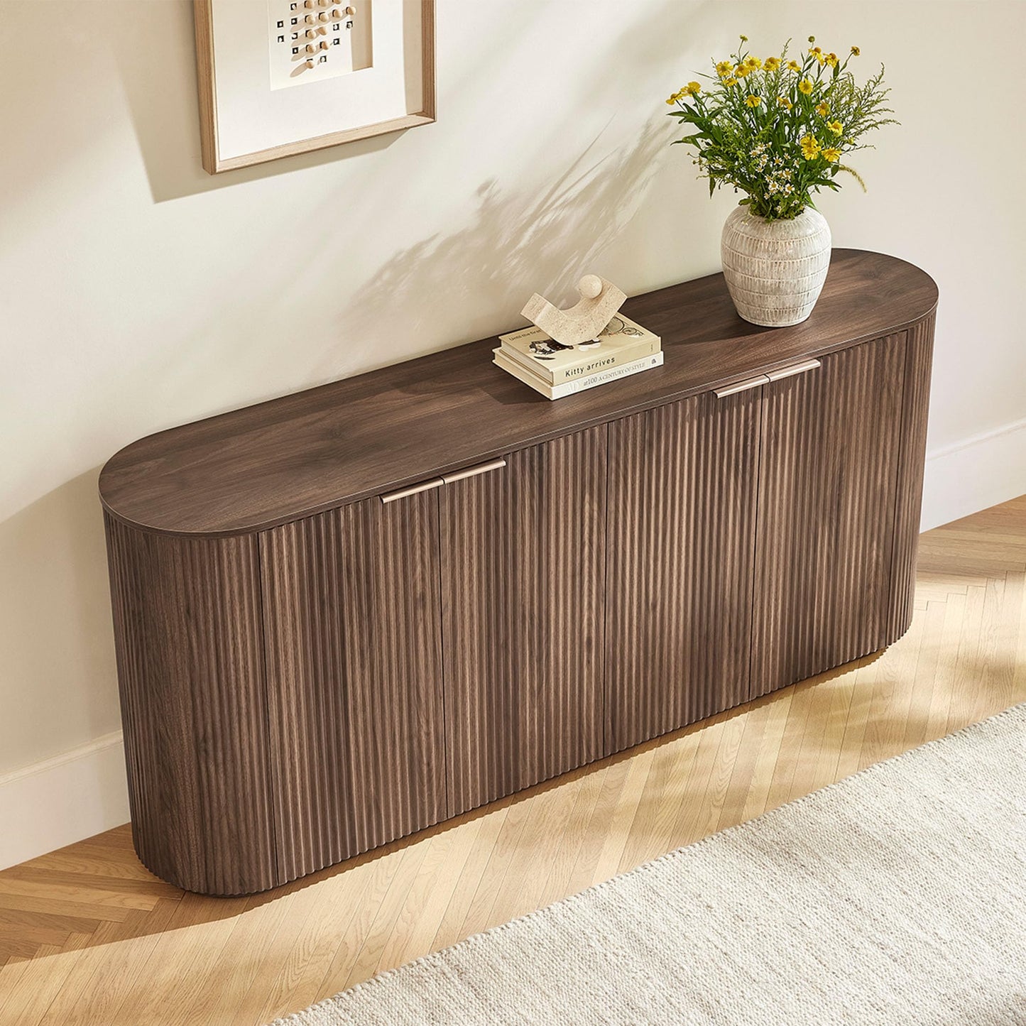 CHITA 70" Sideboard Buffet Cabinet with Storage, Fluted Accent Cabinet with Doors and Adjustable Shelves, Media Console for Living Room, Bar, Kitchen, 32" H, Walnut