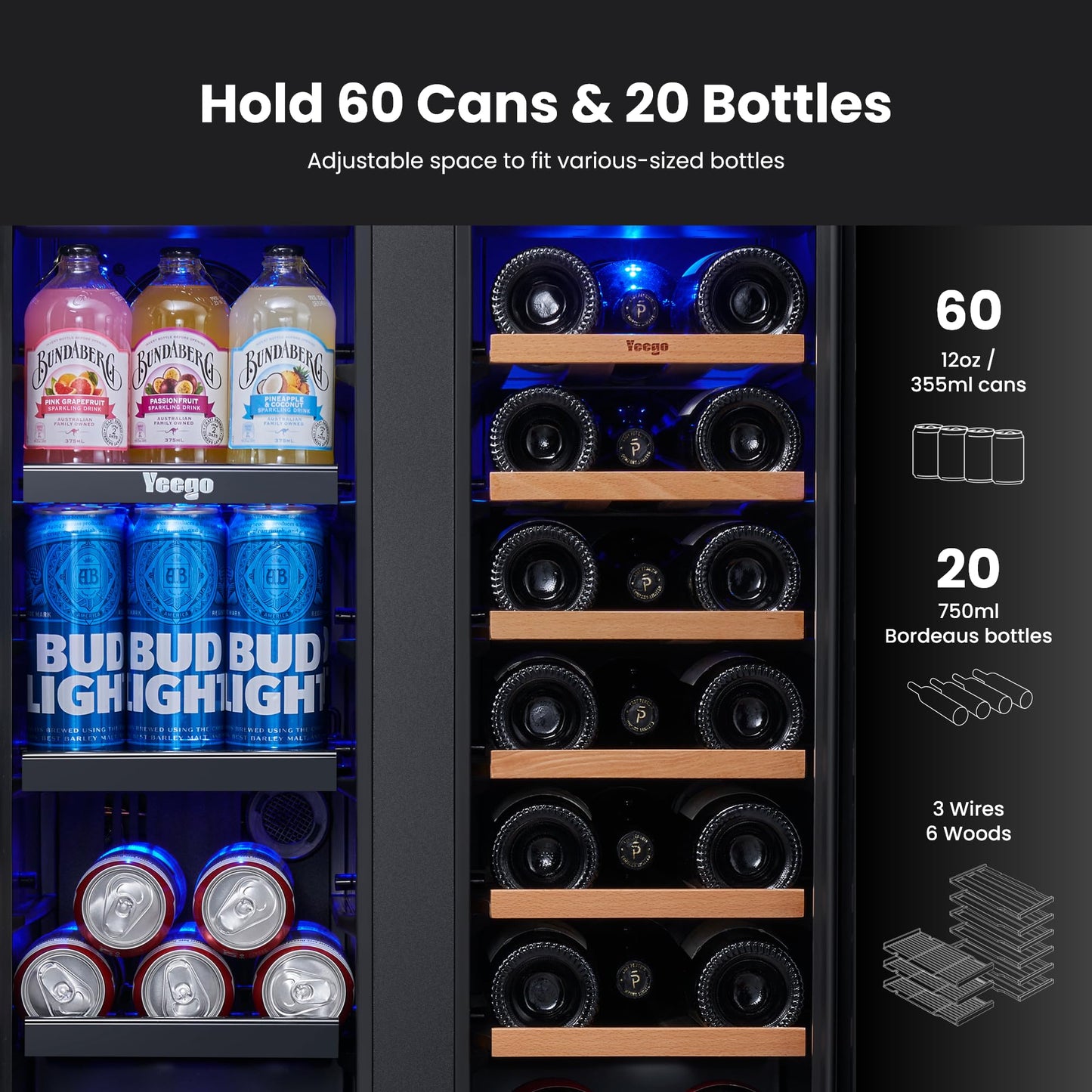 Yeego Beverage Refrigerator & Drink Fridge - 24 inch 180 Cans Beer Cooler Glass Door, 34-54℉ Under Counter Refrigerator Built-in for Drink Soda Wine for Bar Office Bedroom