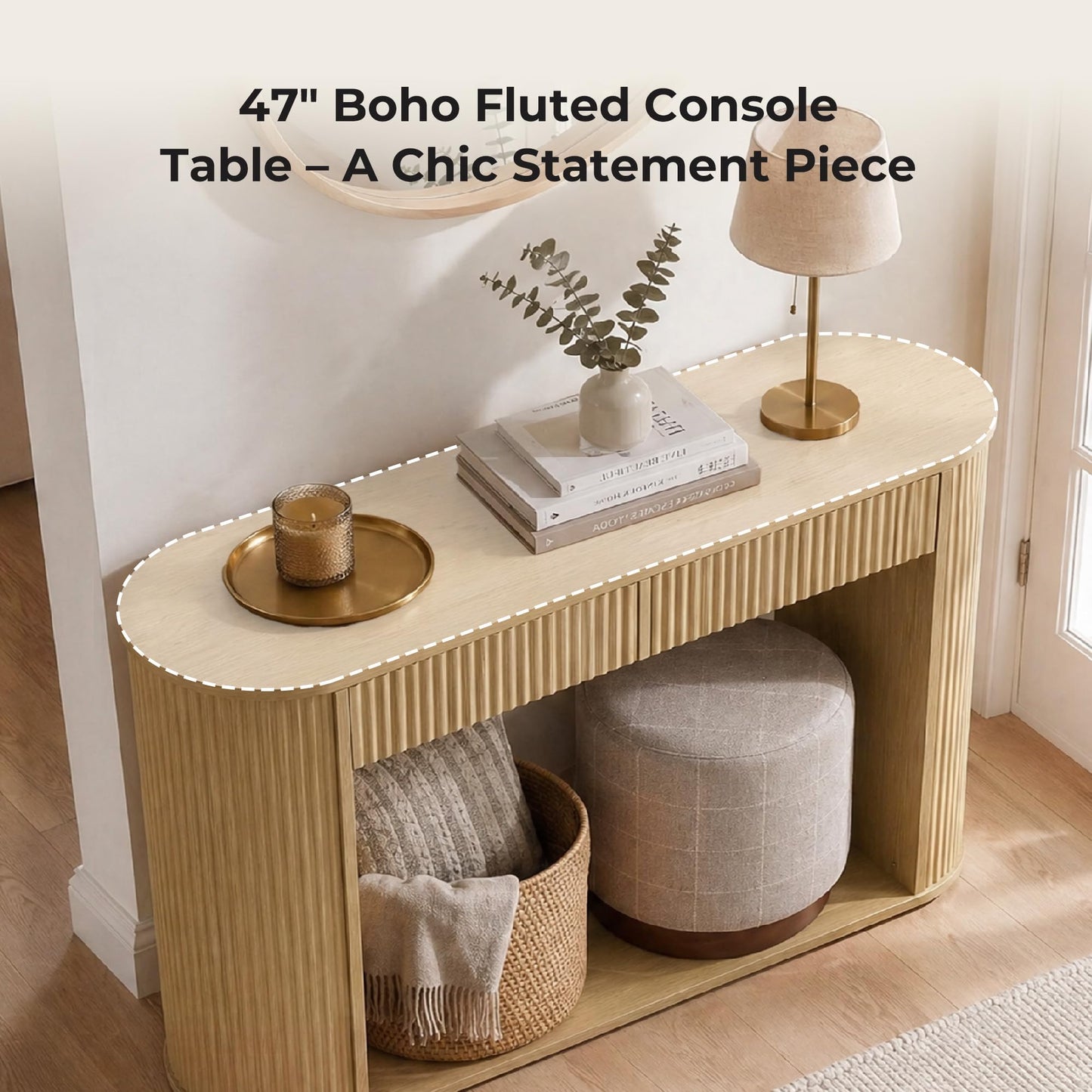 CHITA 47-Inch Fluted Console Table with 2 Drawers，Farmhouse Entryway Table for Behind Couch for Living Room, Hallway, Foyer, Entrance,Walnut