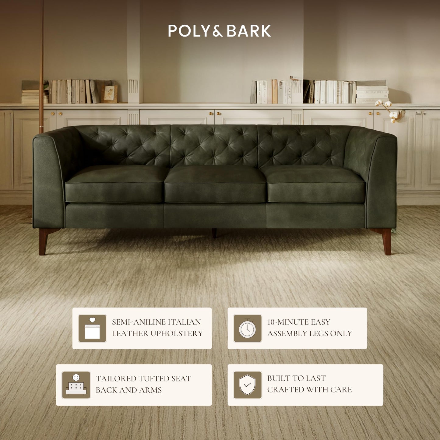 POLY & BARK Essex 89” Full-Grain Italian Leather Sofa – Tufted Back, Feather-Down Comfort, Solid Wood Frame, Cognac Tan