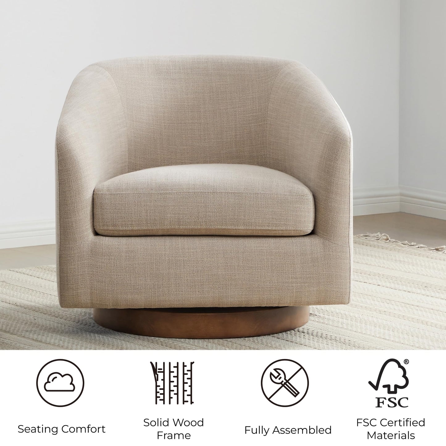 CHITA Swivel Accent Chair Set of 2, Fully Assembled Fabric Barrel Armchair with FSC Certified Upholstered for Living Room, Bedroom and Office, Flax Beige