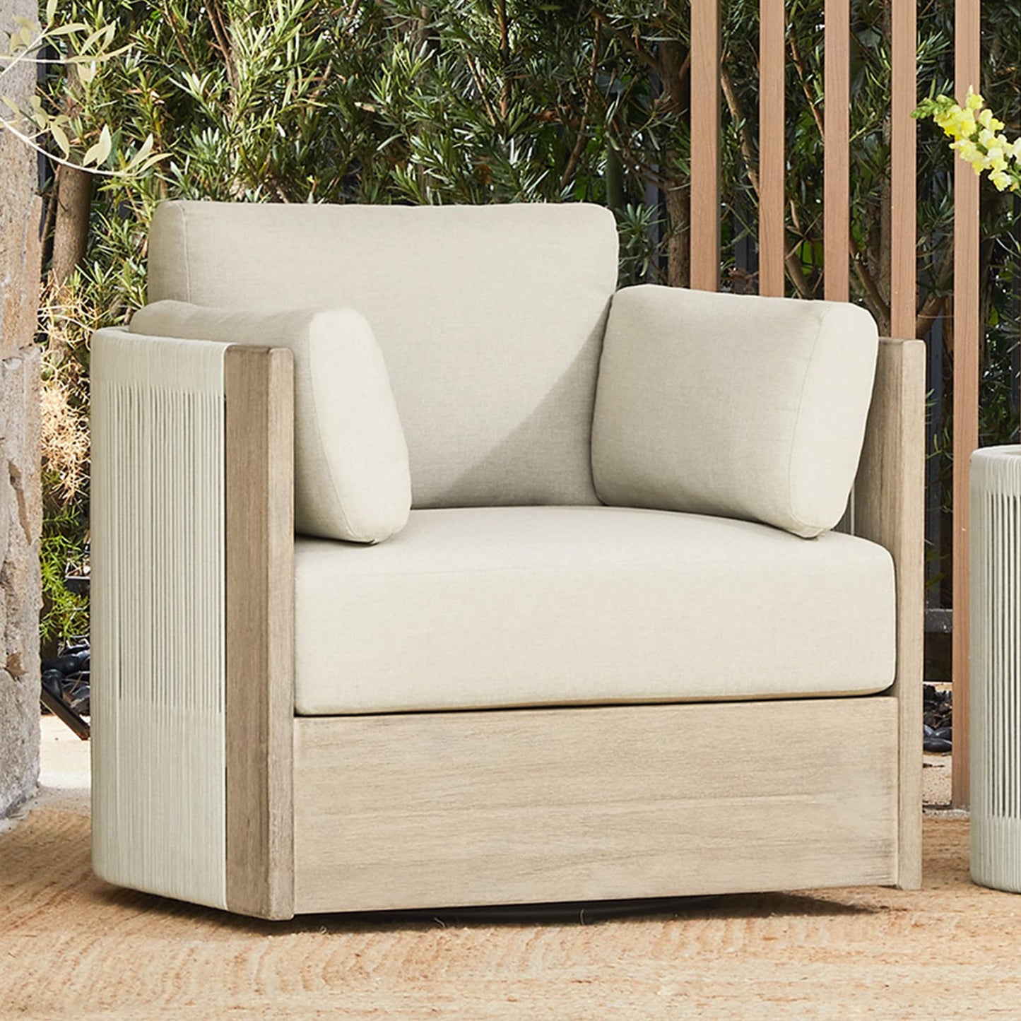 CHITA 3 Pieces Boho Patio Rattan Bistro Set, Outdoor Wicker Furniture Swivel Chairs & Side Table Set with 2 Arm Pillows, Acacia Wood Frame, Fully Assembled(Cream)