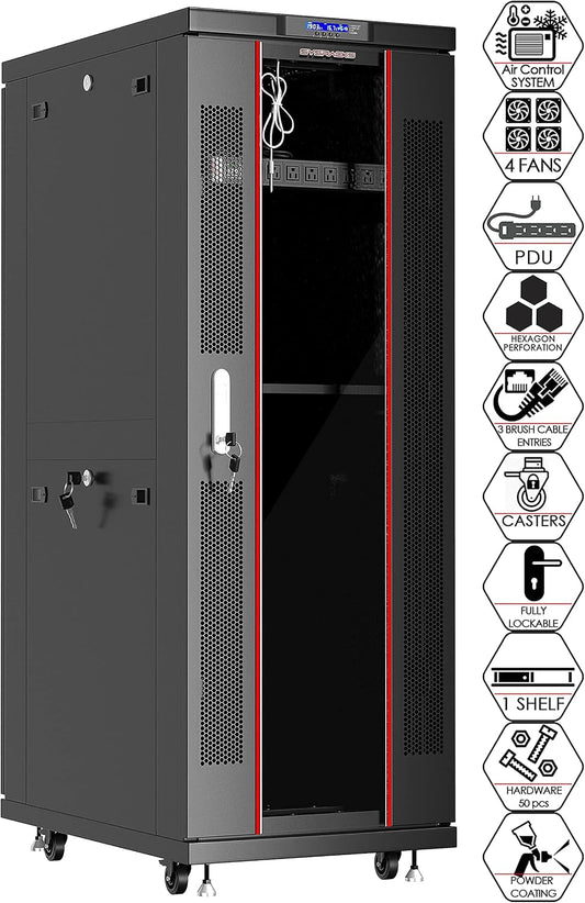 Sysracks 42U Server Rack Cabinet, 19” Floor Standing Enclosed Network Cabinet, 39” Deep IT Rack with Glass Door, 4 Fans, Temperature Control, PDU, Shelf