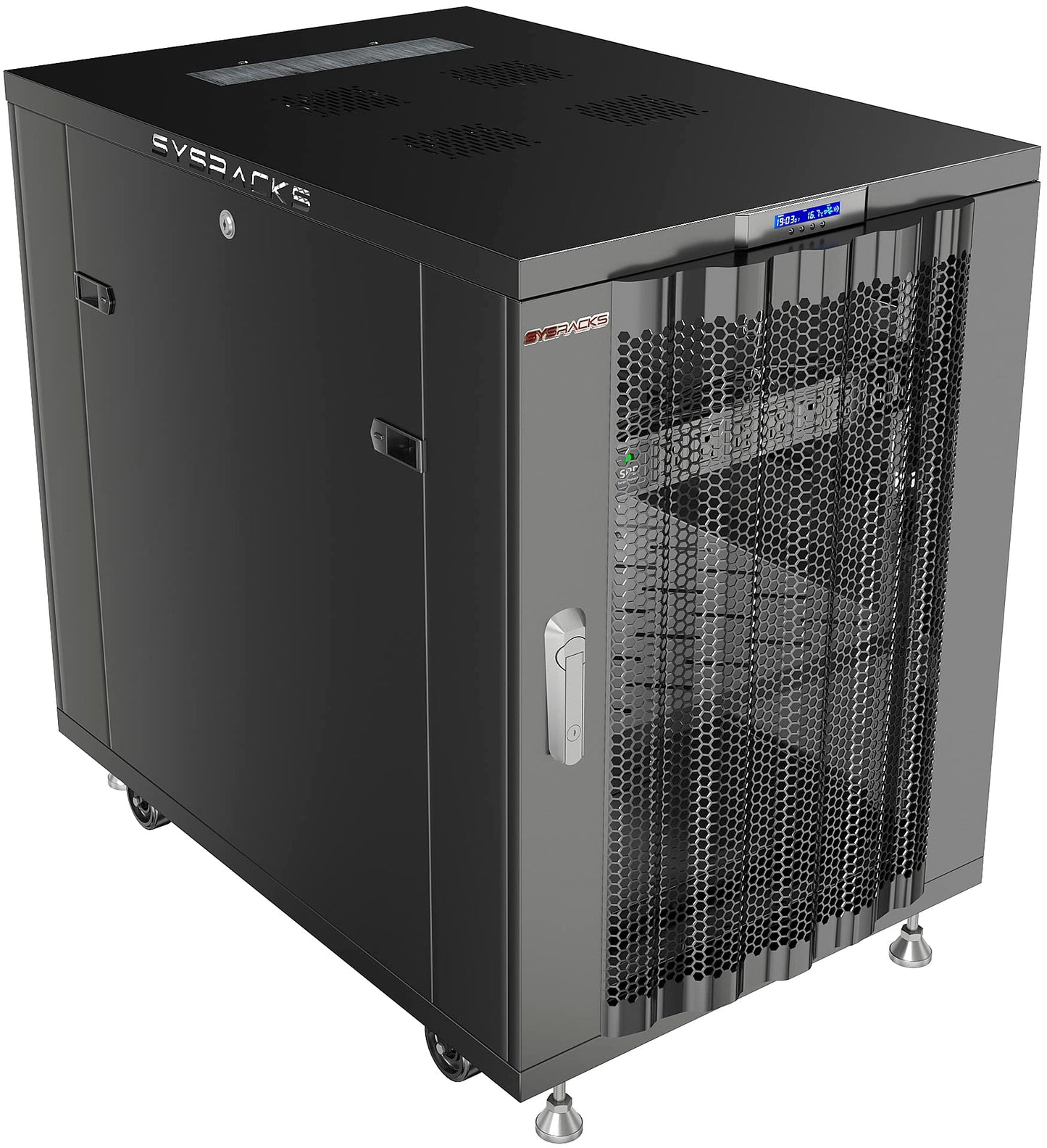 Sysracks 32U Server Rack Cabinet, 32" Deep, Glass Door, 19-Inch | 4-fan thermostat cooling, PDU, shelf, casters, cable brushes, 1600 lb capacity