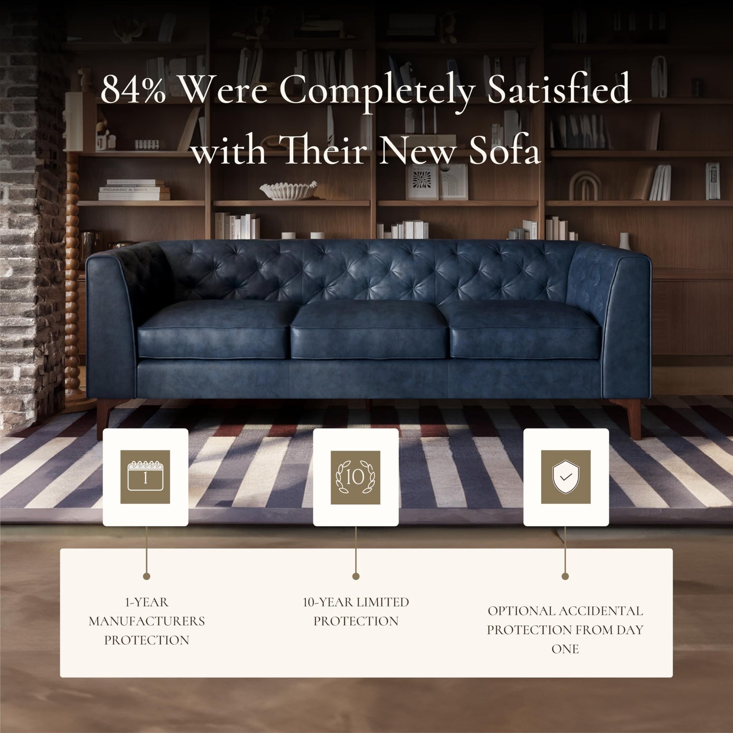 POLY & BARK Essex 89” Full-Grain Italian Leather Sofa – Tufted Back, Feather-Down Comfort, Solid Wood Frame, Cognac Tan