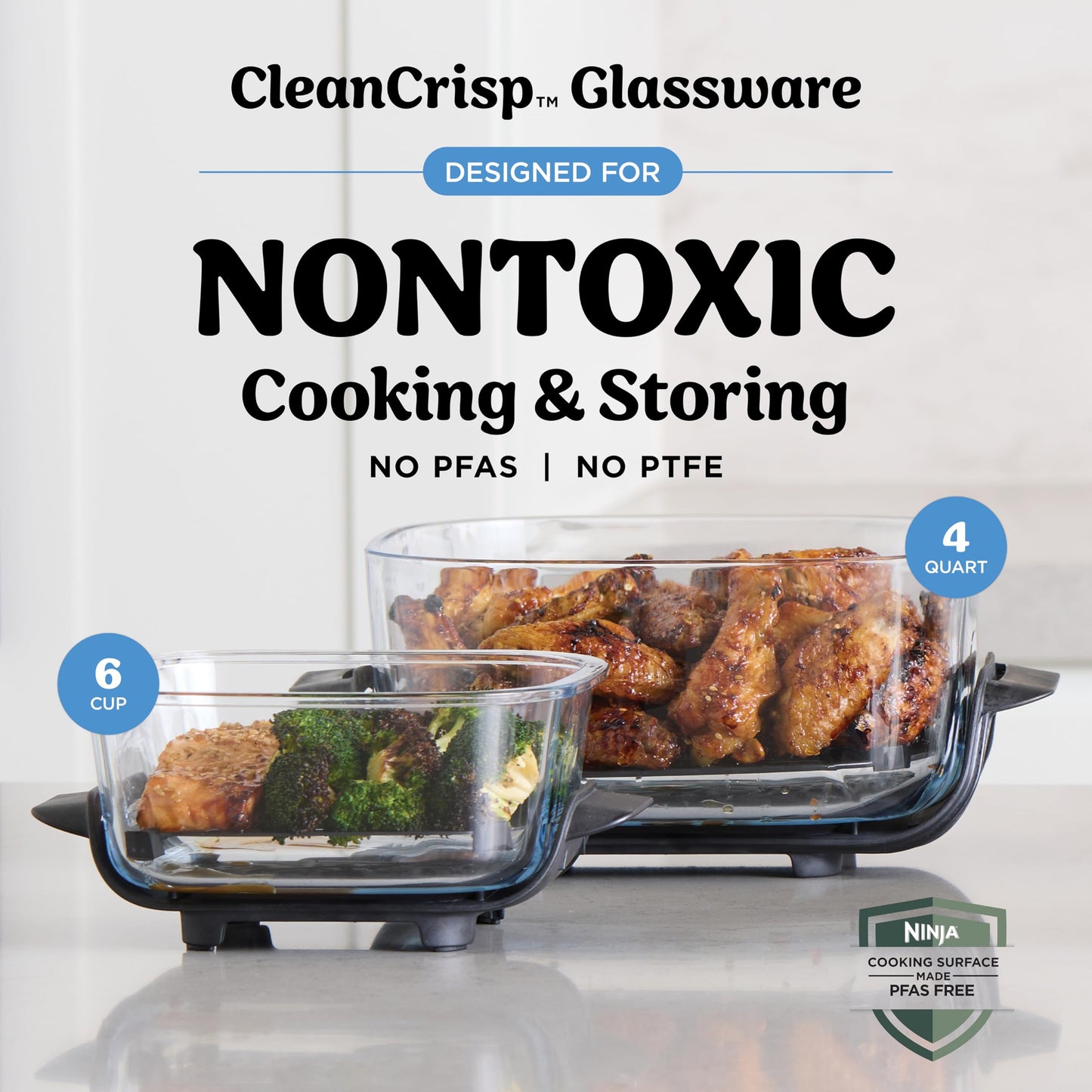 Ninja Crispi 4-in-1 Glass Air Fryer | With Non-Toxic 4QT & 6-Cup Glass Containers & Lids | Microwave, Freezer, Dishwasher Safe | 450°F Max Temp |1500 Watt | Stone | FN101ST