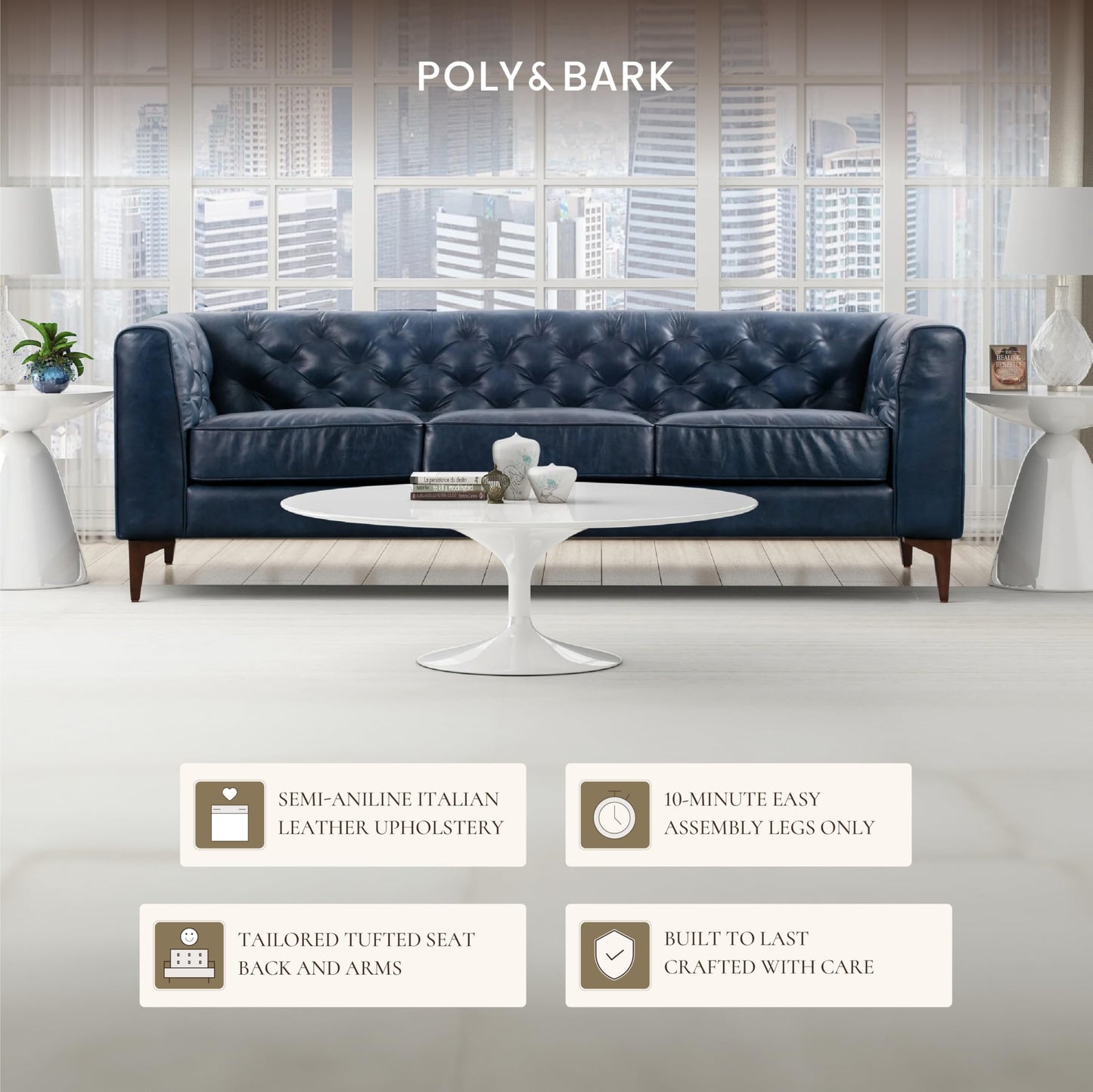 POLY & BARK Essex 89” Full-Grain Italian Leather Sofa – Tufted Back, Feather-Down Comfort, Solid Wood Frame, Cognac Tan