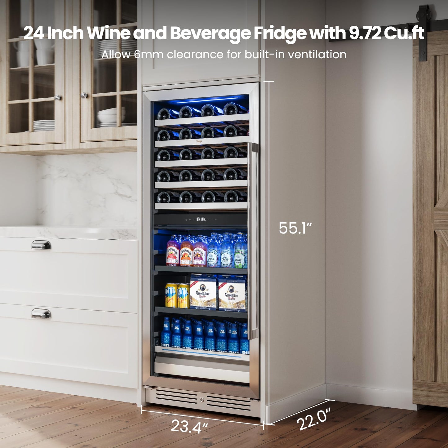 Yeego 24 Inch Wine Fridge Cooler - 52 Bottles Wine Cooler with Glass Door, 40-65℉ Built-In or Freestanding Refrigerator, Under Counter Wine Fridge for Kitchen Bar Office (Left-Hinged)