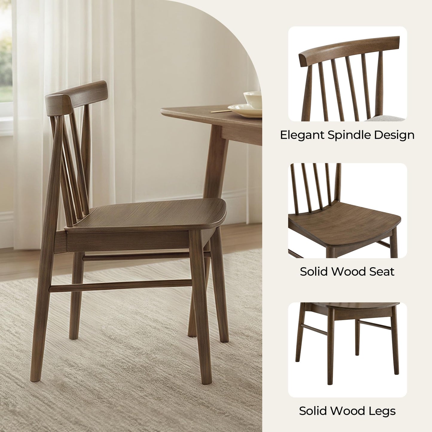 CHITA Soild Wood Dining Chairs Set of 4, Mid Century Modern Walnut Wood Kitchen Chairs with Curved Backrest, Dining Room Chair for Kitchen, Restaurant