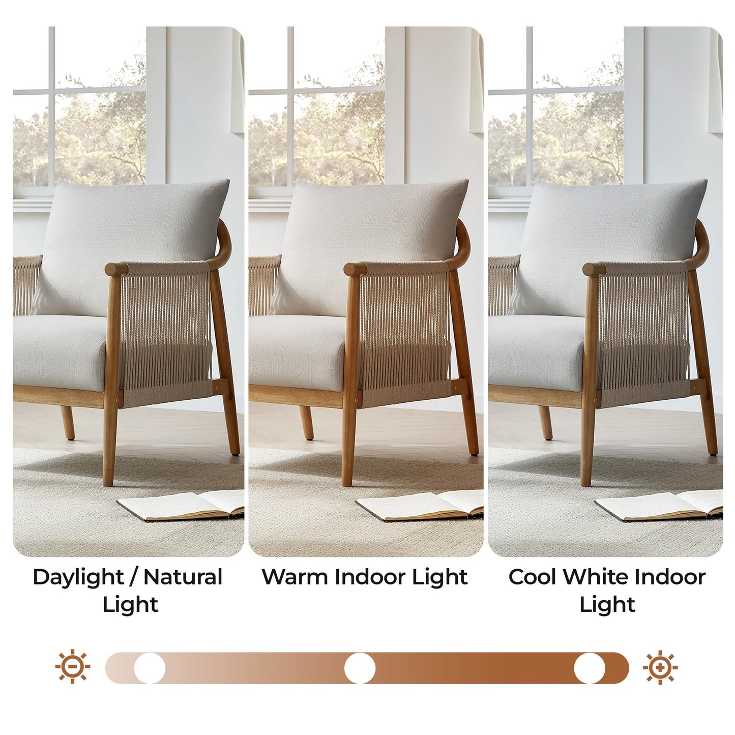 CHITA Braid Accent Chair, Modern Armchair with Solid Wooden Armrest for Living Room and Bedroom, Boho Reading Chair, Cream