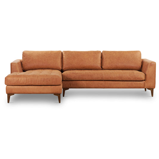 Poly & BARK Harper Left-Facing Leather Sleeper Sectional Sofa Cognac Tan– Full-Grain Aniline Leather, Sculptural Silhouette, Walnut-Finished Legs – Modern Statement Sofa for Living Spaces
