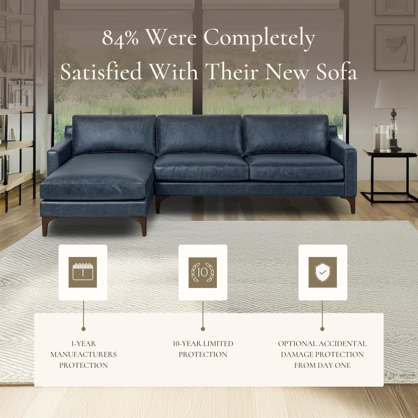 Poly & BARK Harper Left-Facing Leather Sleeper Sectional Sofa Cognac Tan– Full-Grain Aniline Leather, Sculptural Silhouette, Walnut-Finished Legs – Modern Statement Sofa for Living Spaces