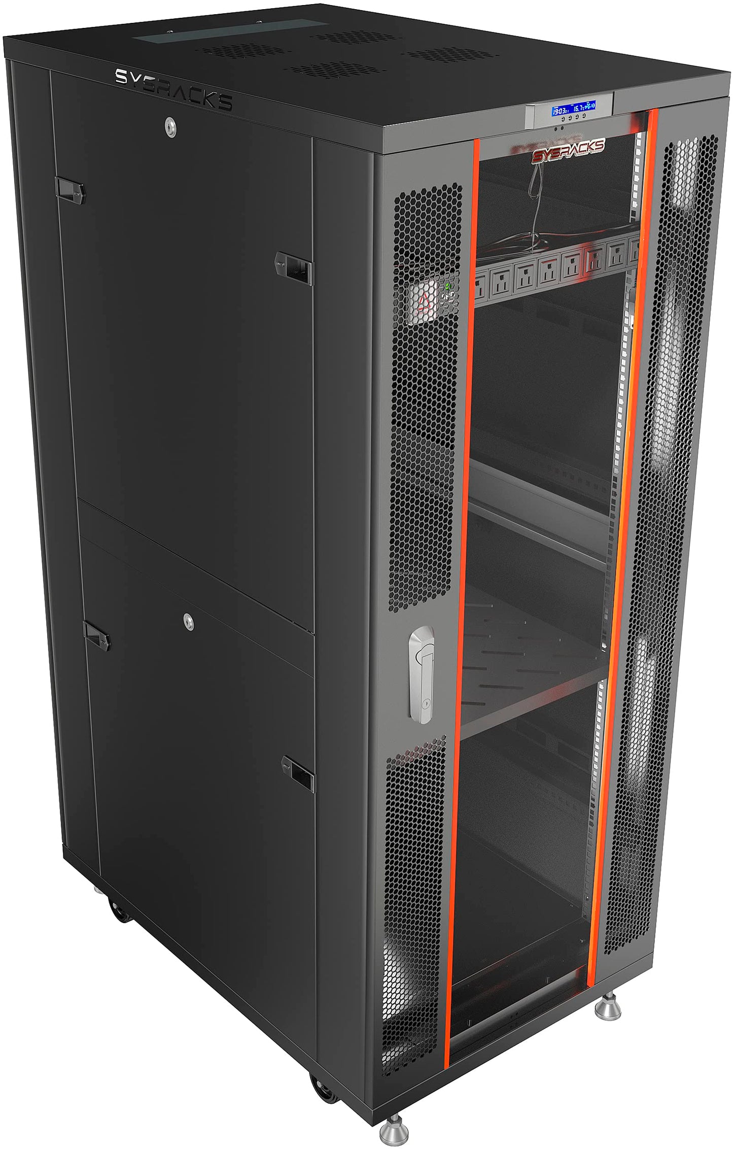 Sysracks 32U Server Rack Cabinet, 32" Deep, Glass Door, 19-Inch | 4-fan thermostat cooling, PDU, shelf, casters, cable brushes, 1600 lb capacity