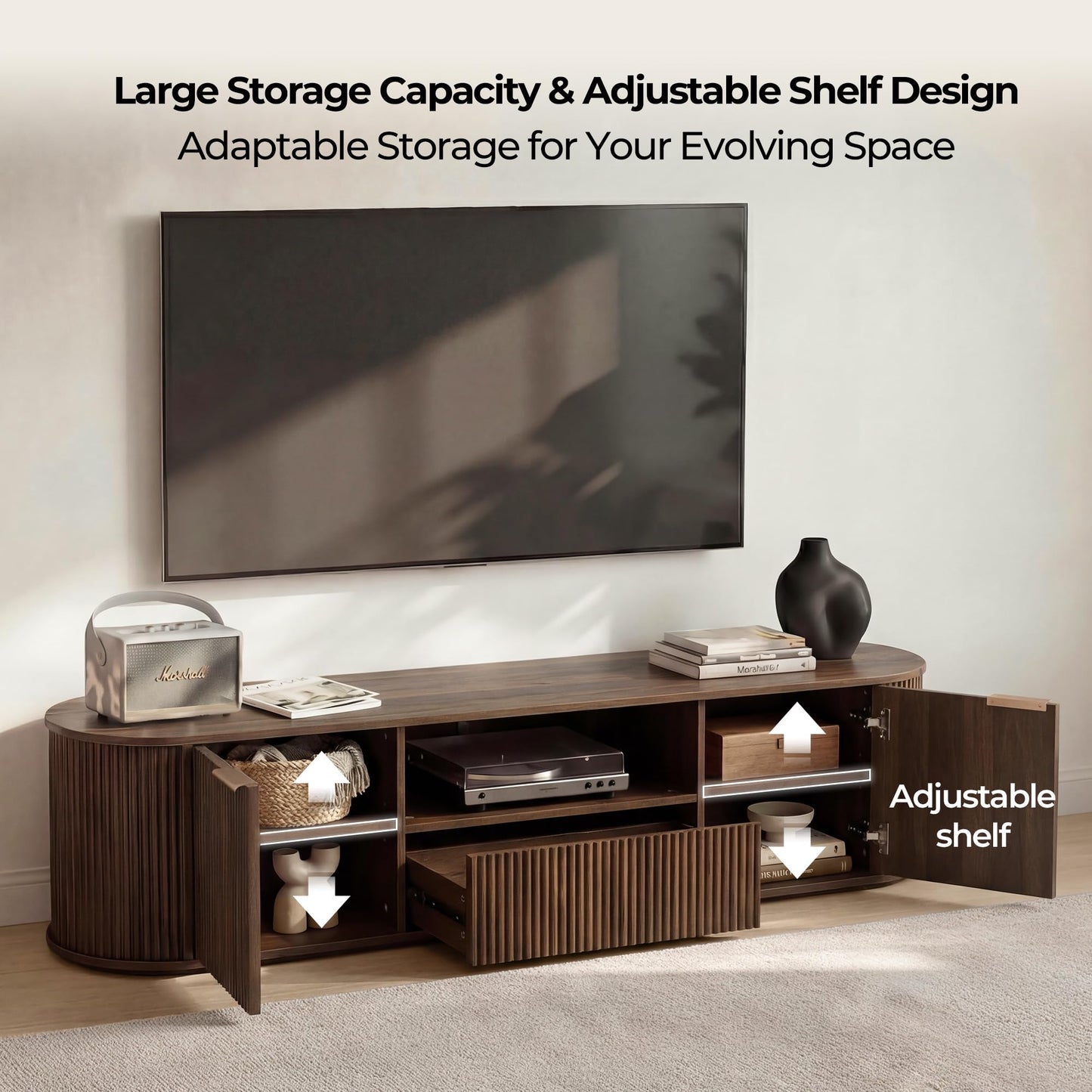 CHITA 70" Fluted TV Stands for Living Room for TVs Up to 80", Mid Century Modern Entertainment Center with Drawers, TV Console for Living Room with Storage and Adjustable Shelves, Walnut