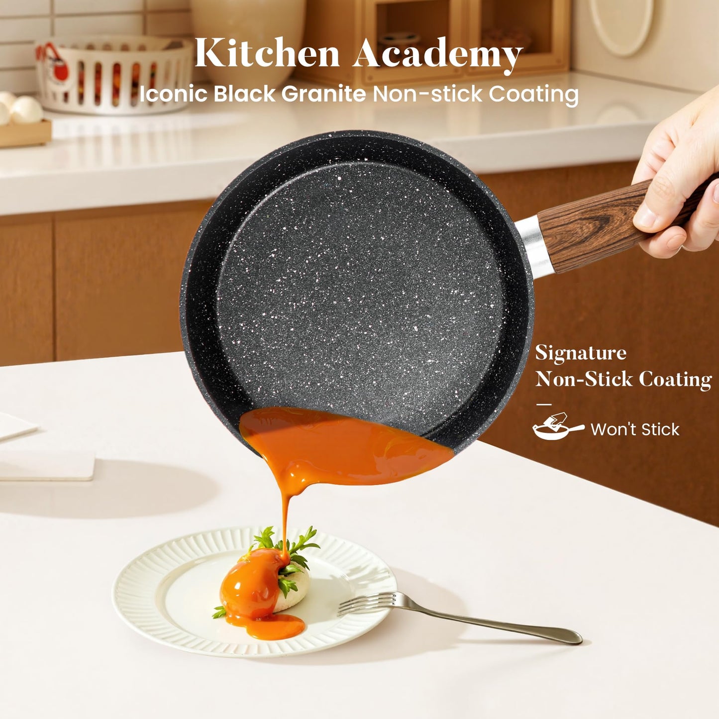 Kitchen Academy Induction Cookware Set Non Stick, 17Pcs Granite Pots & Pans | Nonstick Cooking Frying Pans for Induction Gas Electric Stove, Non-Toxic PFOA & PFOS Free, Black