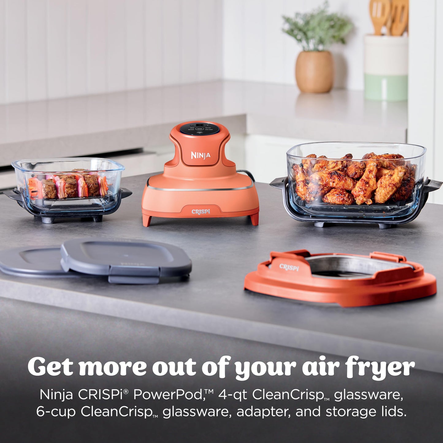 Ninja Crispi 4-in-1 Glass Air Fryer | With Non-Toxic 4QT & 6-Cup Glass Containers & Lids | Microwave, Freezer, Dishwasher Safe | 450°F Max Temp |1500 Watt | Stone | FN101ST