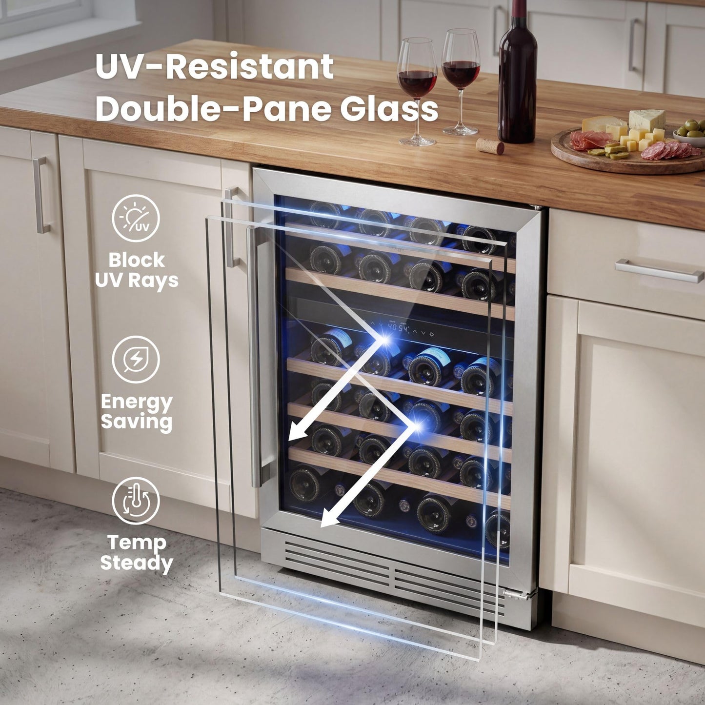 Yeego 24 Inch Wine Fridge Cooler - 52 Bottles Wine Cooler with Glass Door, 40-65℉ Built-In or Freestanding Refrigerator, Under Counter Wine Fridge for Kitchen Bar Office (Left-Hinged)