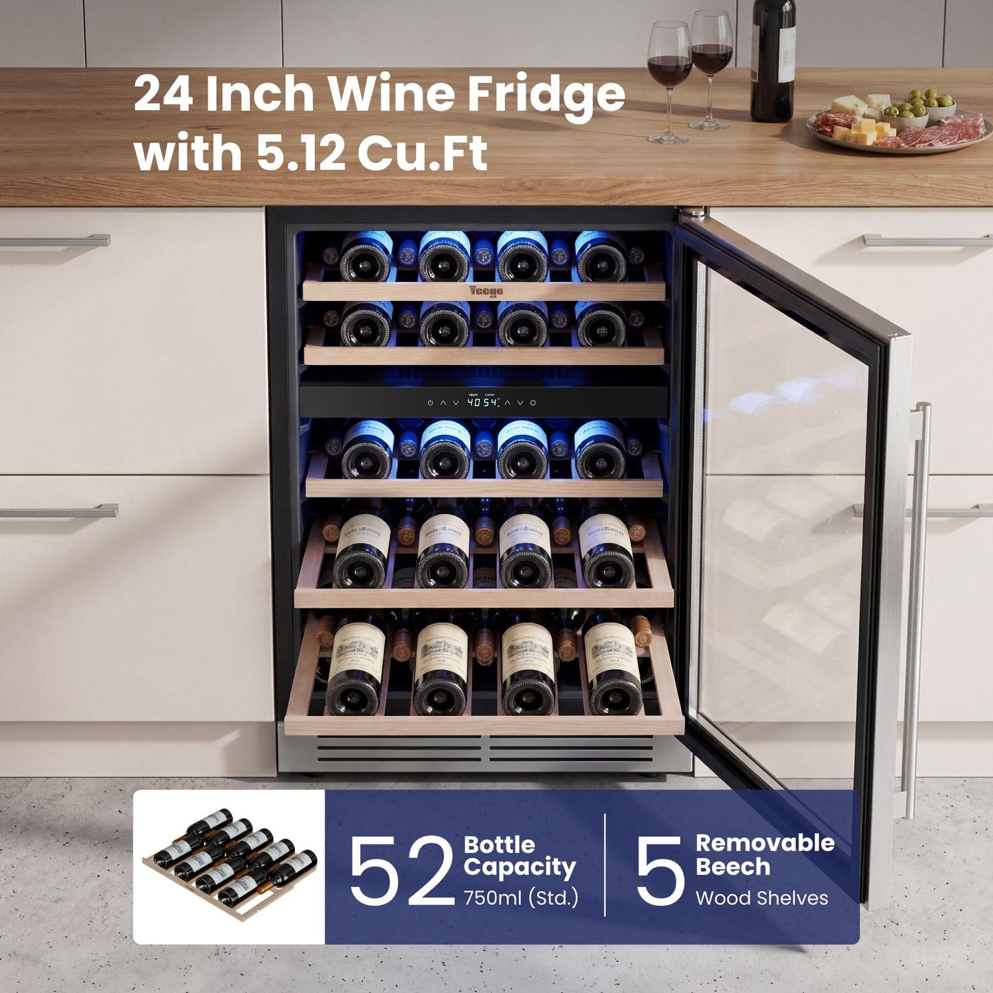 Yeego 24 Inch Wine Fridge Cooler - 52 Bottles Wine Cooler with Glass Door, 40-65℉ Built-In or Freestanding Refrigerator, Under Counter Wine Fridge for Kitchen Bar Office (Left-Hinged)