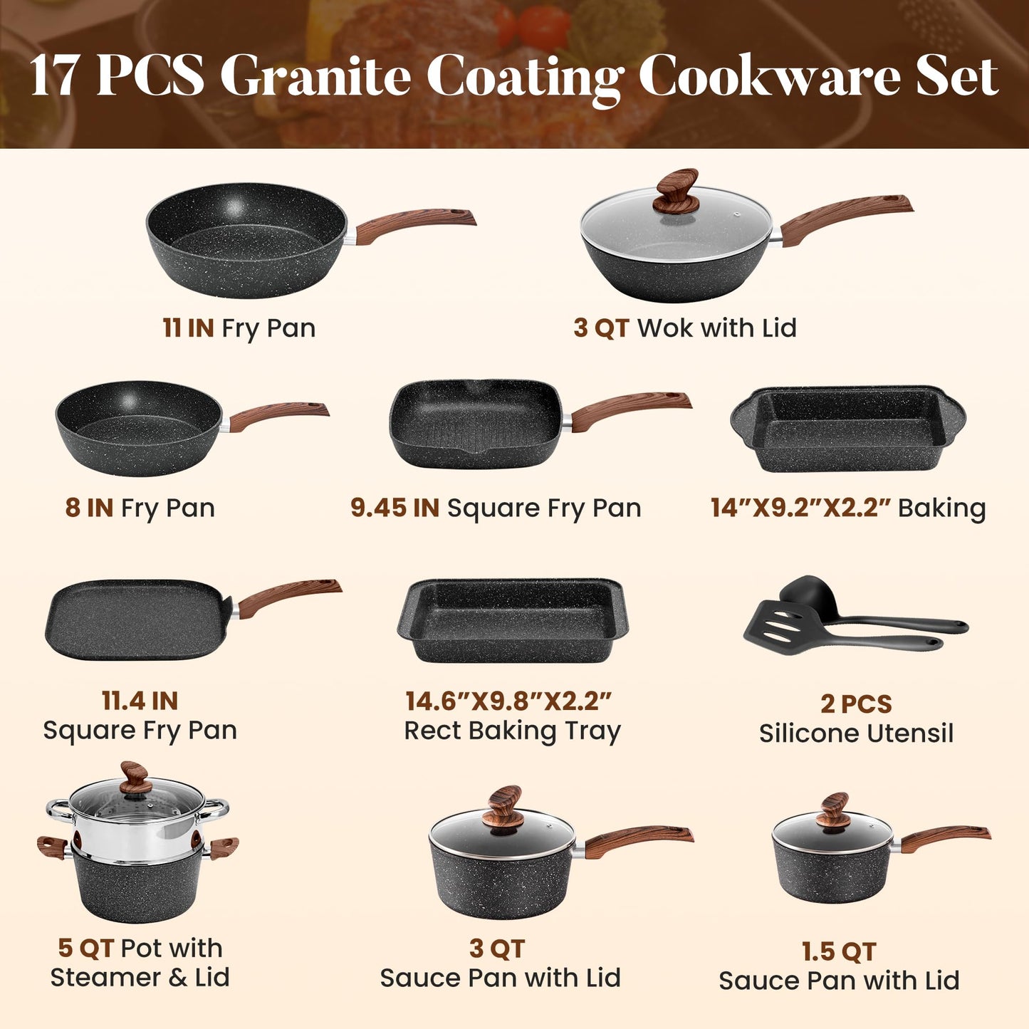 Kitchen Academy Induction Cookware Set Non Stick, 17Pcs Granite Pots & Pans | Nonstick Cooking Frying Pans for Induction Gas Electric Stove, Non-Toxic PFOA & PFOS Free, Black