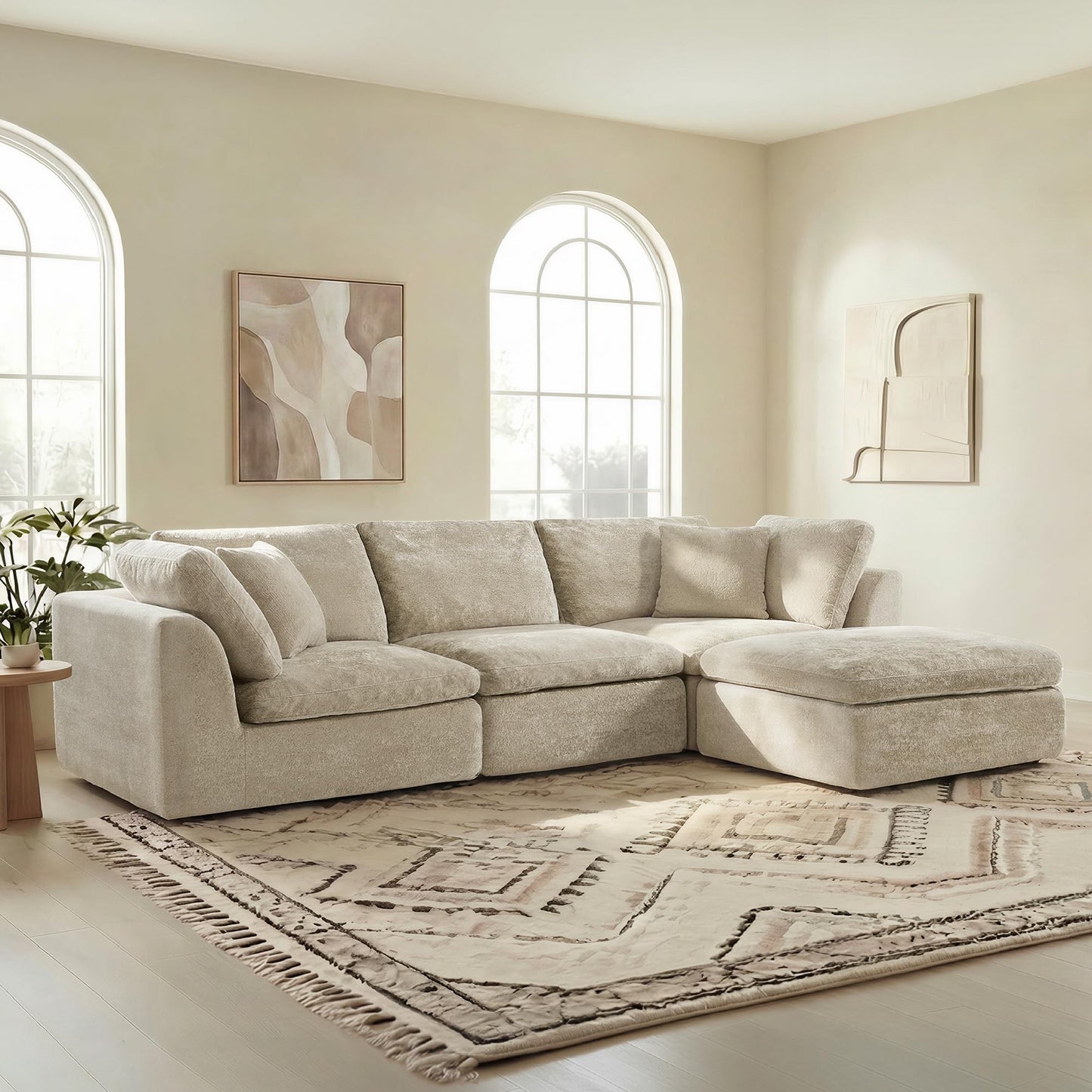 CHITA 108" Modular Sectional Couches, Boneless L-Shape Sofa with Ottoman, 3 Seater Cloud Sectional Sofa for Living Room,Khaki Gray