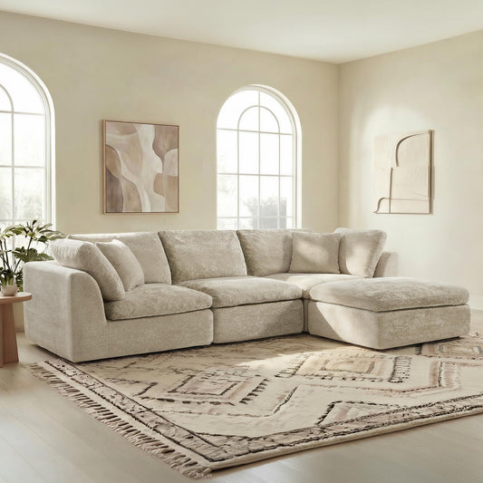 CHITA 108" Modular Sectional Couches, Boneless L-Shape Sofa with Ottoman, 3 Seater Cloud Sectional Sofa for Living Room,Khaki Gray