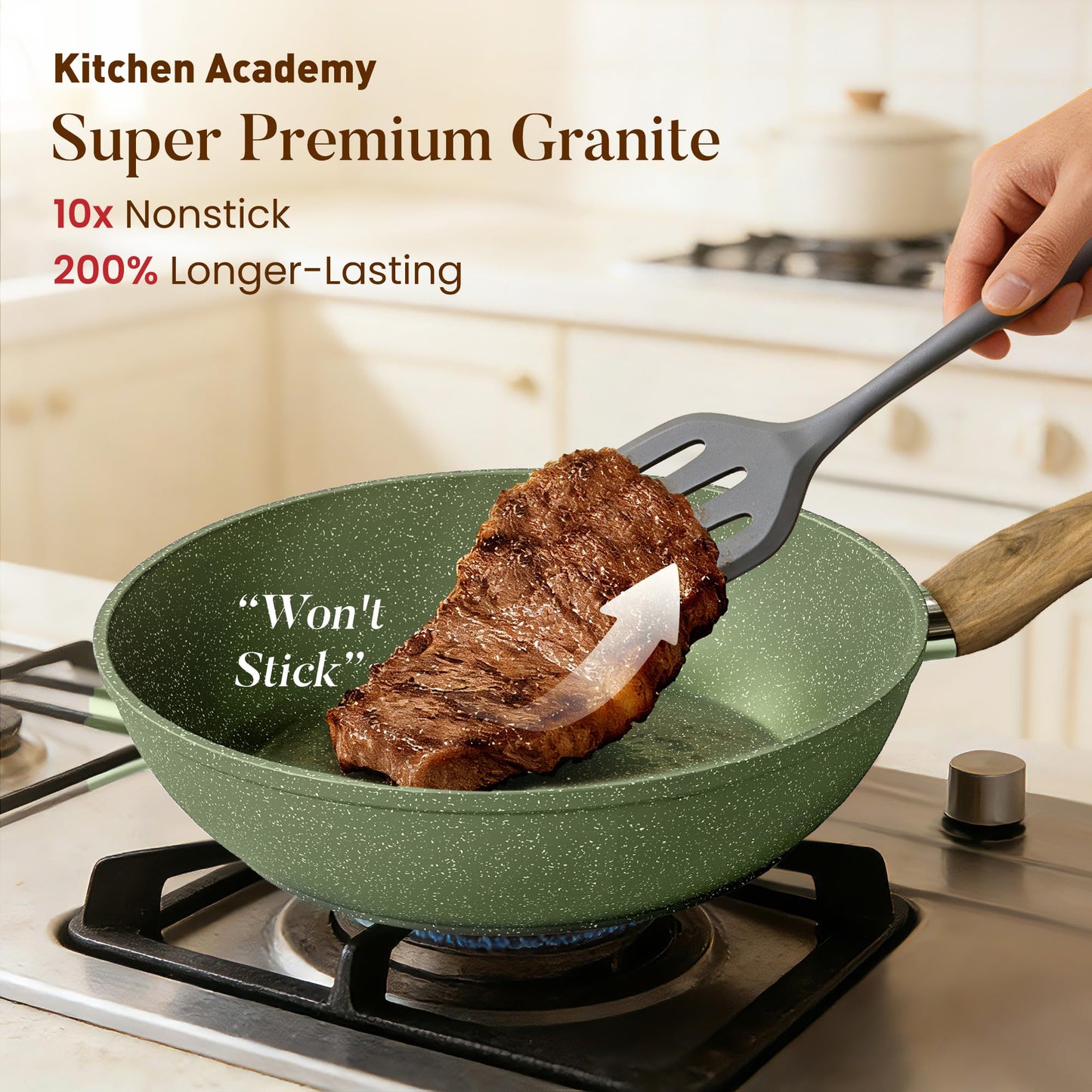 Kitchen Academy Induction Cookware Sets - 12 Piece Pots and Pans Set Non Stick, Black Granite Nonstick Cooking Pan Set(PFOS, PFOA Free)